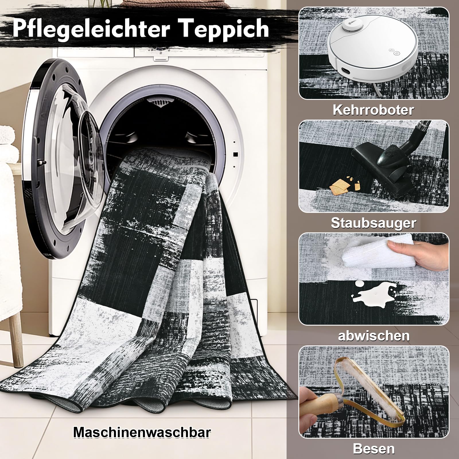 Alishomtll Tapis moderne géométrique noir gris 160 x 230 cm | Tapis de cuisine antidérapant à poils courts - Doux et lavable - Pour salon, chambre à coucher, bureau, entrée