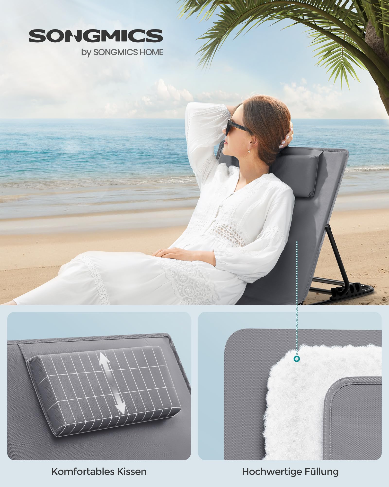 SONGMICS Strandstuhl, 2er Set, Campingstuhl, Sonnenliege, Strandliege, klappbar, verstellbare Rückenlehne, leicht tragbar mit Griff, für Camping, Garten, Pool, 158 x 55 cm, schiefergrau GCB251G01