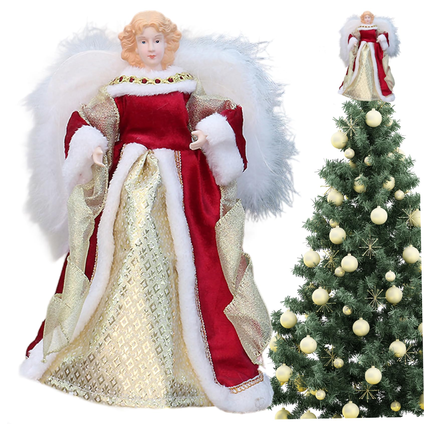 Adorno para árbol de Navidad con Forma de ángel, Adorno para árbol de ángel Rojo y Dorado de 11, 8 Pulgadas con ala emplumada para decoración navideña del hogar.