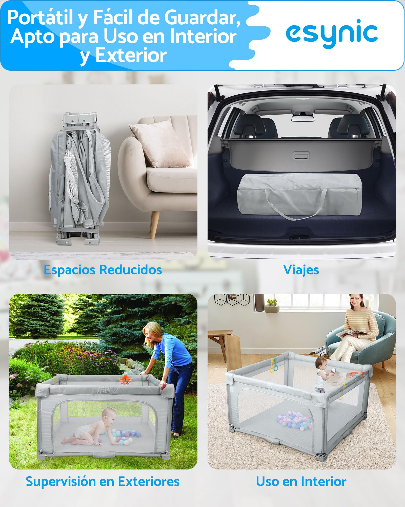 eSynic Parque Infantil Bebé Plegable 150x150 cm Corralito Bebé Grande con Colchoneta Centro de Actividades Playpen con Malla Transpirable Pelotas Canasta Uso Interior Exterior Portátil Gris