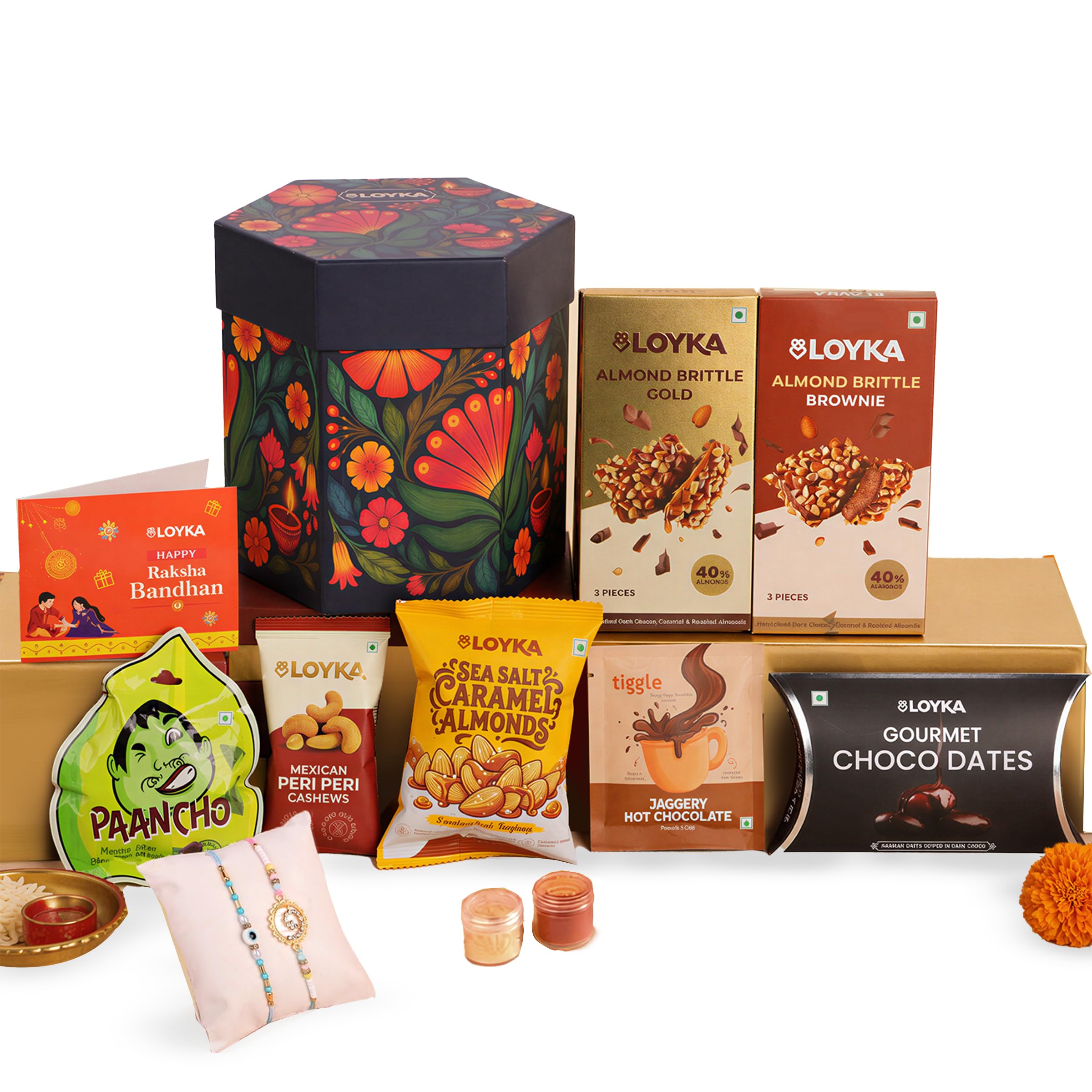 LOYKA Rakhi Ki Khushiyon Ka Pitara Gift Hamper for Brother & Sister - 23 Inclusions - Almond Brittle, Cashew, Choco Date, Paancho,Caramel Almond, Hot Chocolate,2 Evil Eye Rakhi set for Bhaiya & Bhabhi discount deal