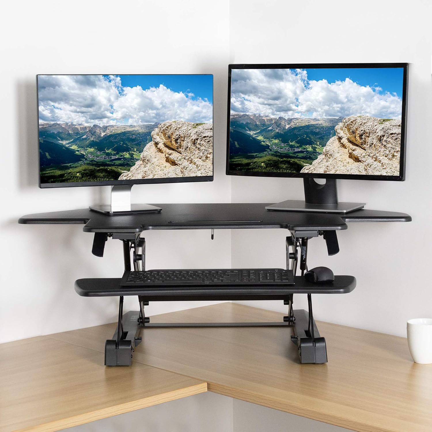 VIVO Black Corner Deluxe Height Adjustable 43 inch Standing Desk Converter, Sit Stand Tabletop Monitor and Laptop Riser Workstation, DESK-V000DC : Office Products