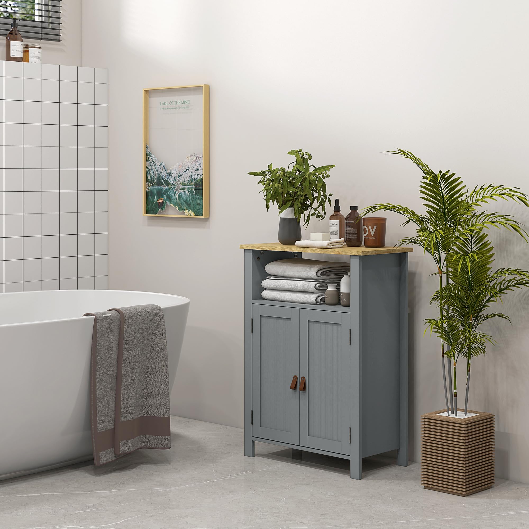 kleankin Meuble Bas de Salle de Bain Multi-Rangements, Gris et Naturel | Grande Niche, Placard Double Porte, Étagère Réglable en Hauteur