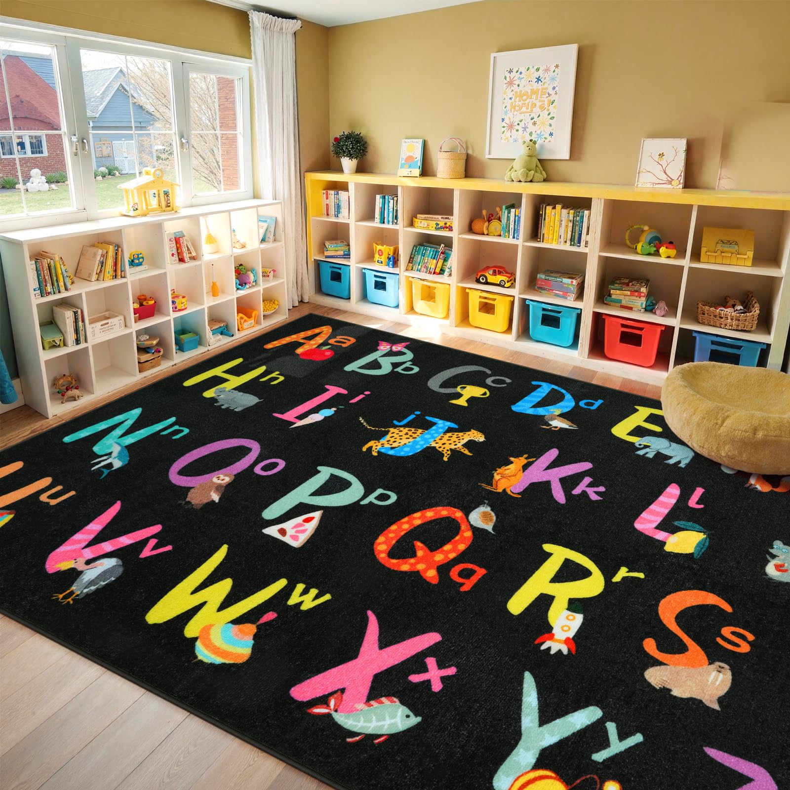 Photo 1 of LIVEBOX 7'5" x 13' Black ABC Kids Classroom Carpet, Large Washable Alphabet Educational Learning Area Rugs for Classroom Elementary, Non-Slip Preschool Kids Teacher Rug for Kindergarten Daycare Baby