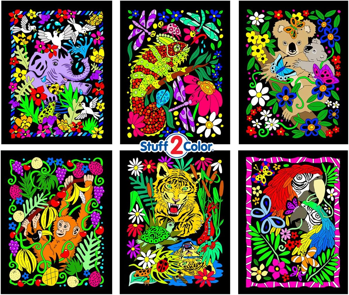 Stuff2Color Koala, Gecko, Elephant ,Monkey, Parrot, Tiger - 6 Fuzzy Velvet Posters to Color