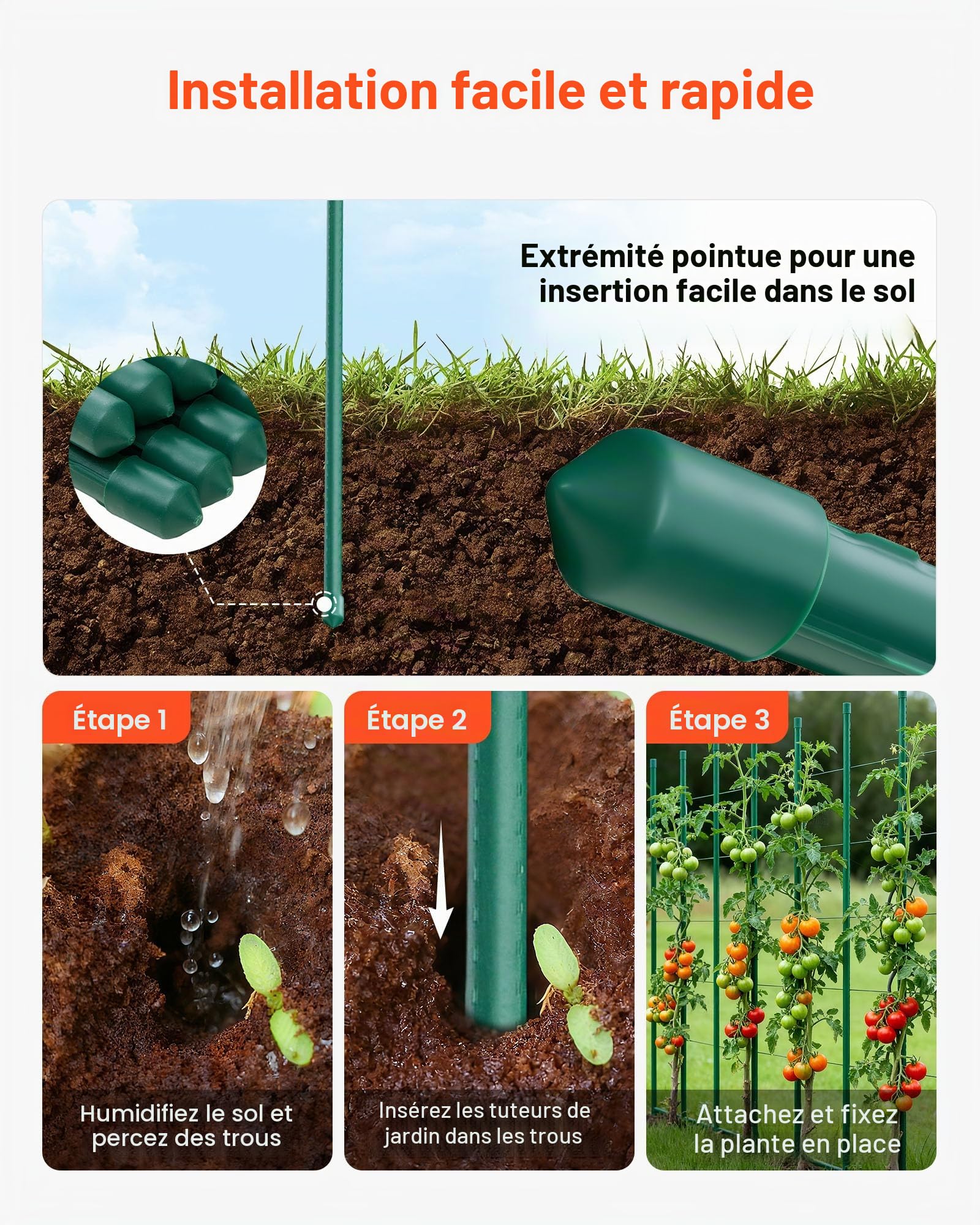 VEVOR Tuteur Plante 1,8 m Tuteur Plante Grimpante 25 PCS Tuteurs à Tomates Jardin pour Soutien Plantes Grimpantes Légumes Extérieur, en Métal Recouvert Plastique Extrémité Pointue Picots Antidérapants