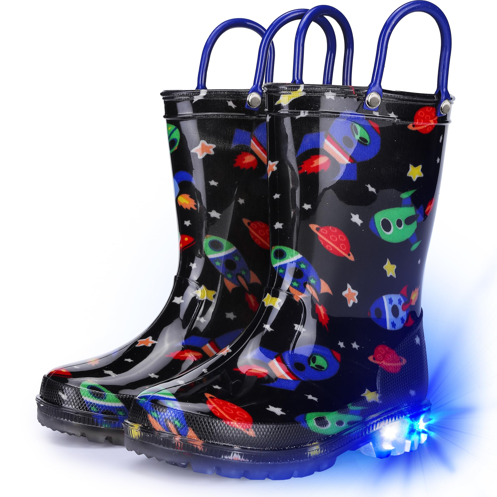 Funspread Toddler Rain Boots Boys Rain Boots - Patterns Light Up Kids Rain Boots with Easy-On Handles Lightwight Waterproof Rain Shoes (Toddler/Little