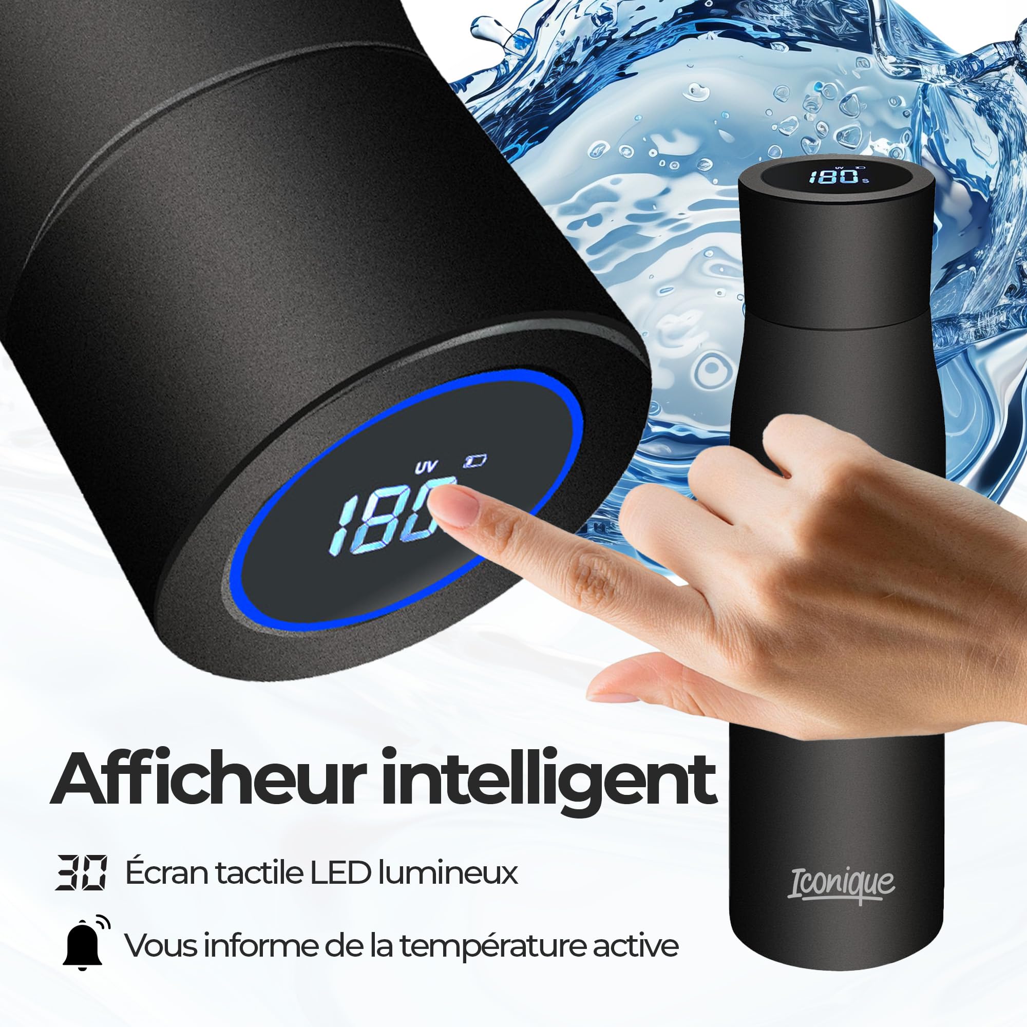 Iconique Gourde en acier inoxydable avec filtre UV | 500ml | Noir | Purificateur D'eau Autonettoyant, Couvercle Avec Affichage LED De La Température, Fonction De Rappel D'hydratation