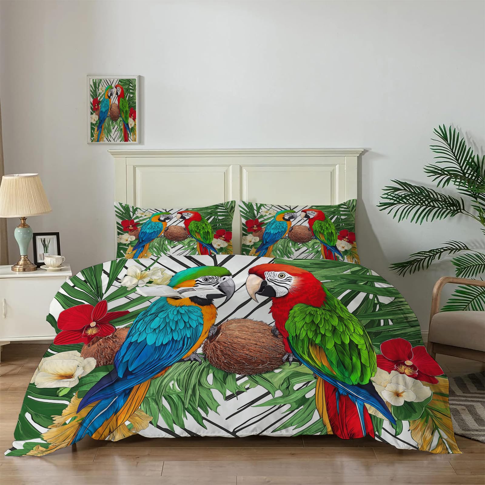 Housse de couette queen size perroquet pour une chambre ambiance jungle