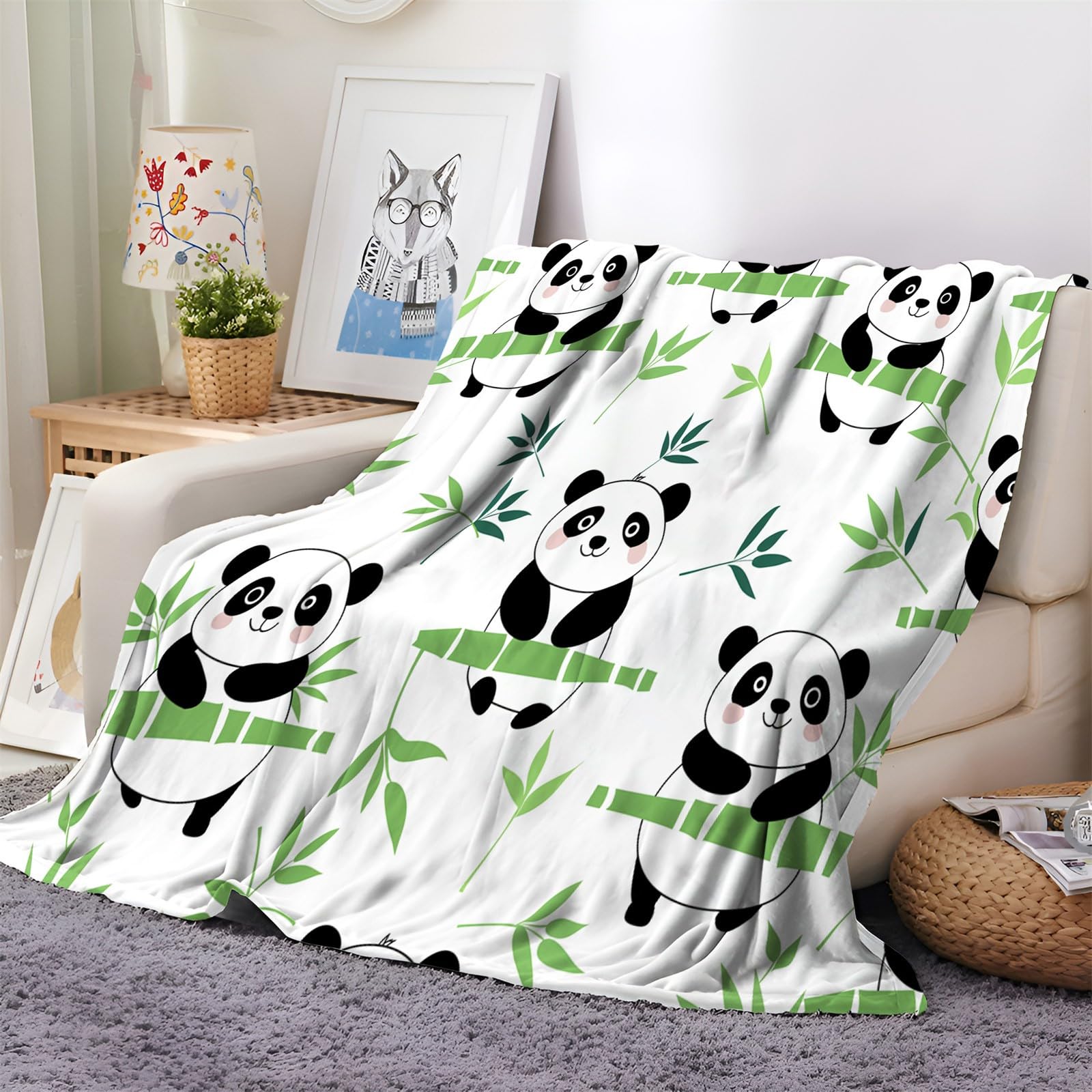 Plaid Couverture Polaire Dessin Animé Panda Géant Bambou Vert 220x240 cm Couverture Flanelle pour Lits Canapés, Couverture Sherpa Douce Et Chaude, Couverture Imprimée Enfants et Adultes