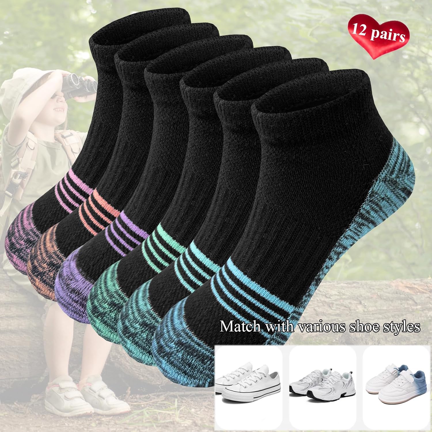 Bemeol Girls Socks 12 Pairs Ankle Socks for Girl Running Athletic Low Cut Sock Cotton Sports Sock