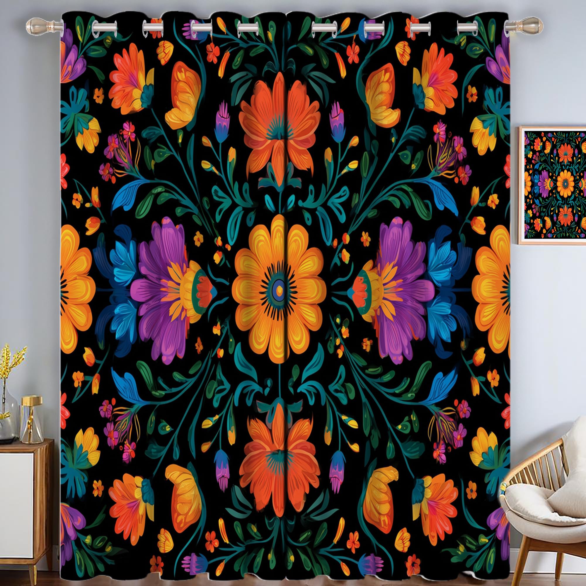 Rideau isolant contre le froid pour salon motif floral mexicain orange 2pcs