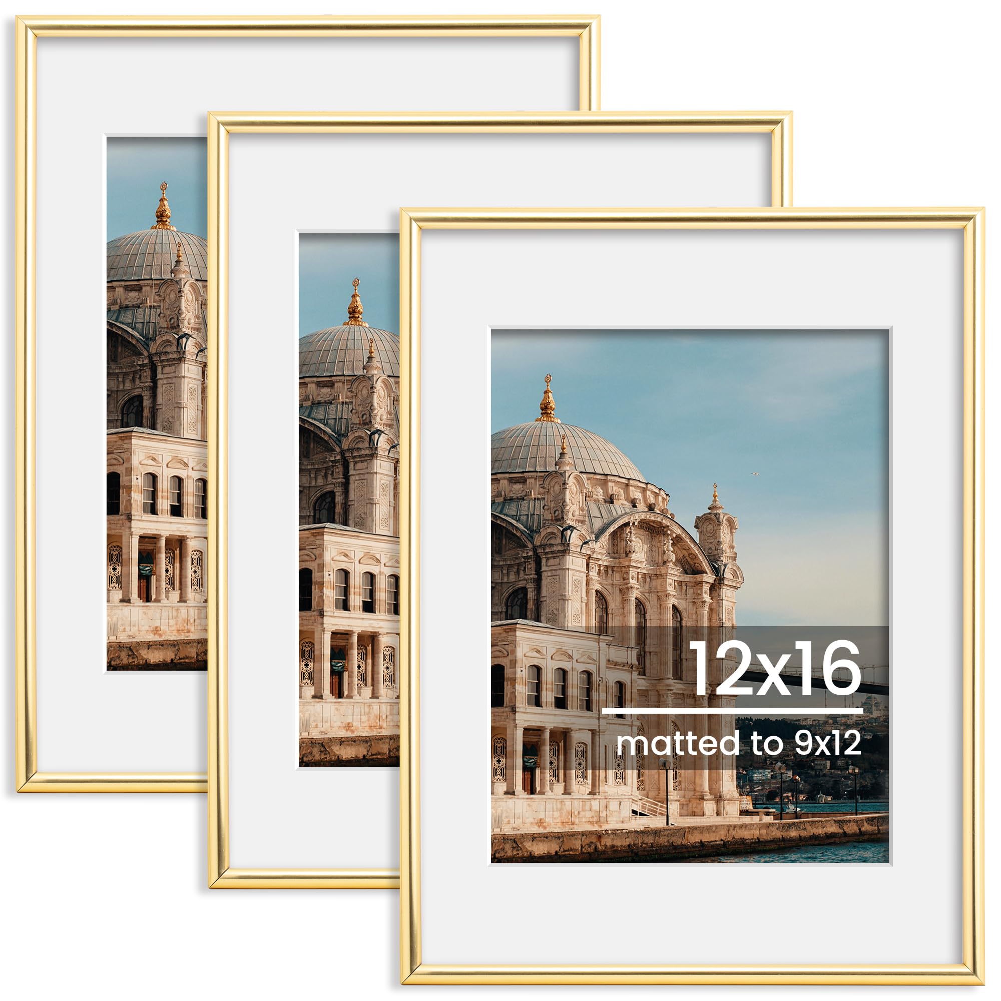 FLYJOE 12x16 Picture Frame, Display Pictures 9x12 with Mat or 12x16 Without Mat, Wall Hanging Photo Frame, Gold, 3 Pack