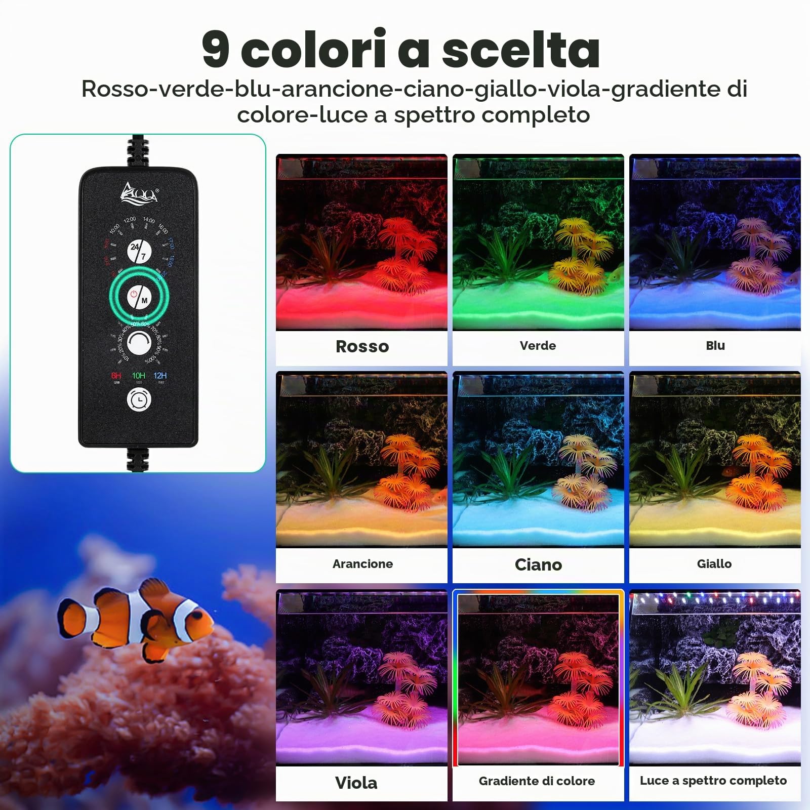 AQQA Luce LED per Acquario 12 W, Spettro Completo Modalità 24/7, Timer Regolabile, Braccio Estensibile, per Vasche 30-45 cm