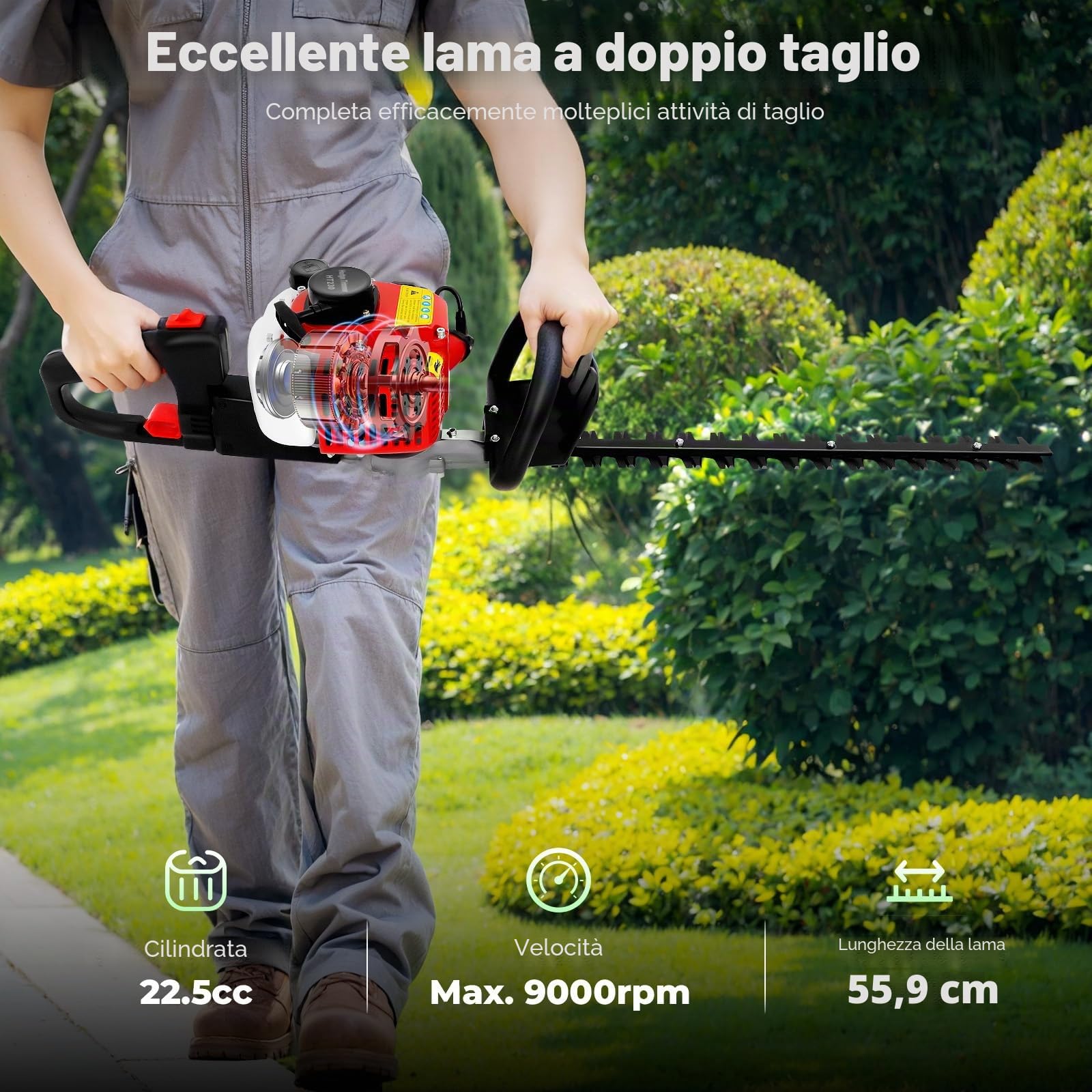 Tagliasiepi a benzina professionale 22,5 CC, tagliasiepi a 2 tempi con manico girevole a 180° e lunghezza di taglio 56 cm, tagliasiepi per parchi, scuole e autostrade