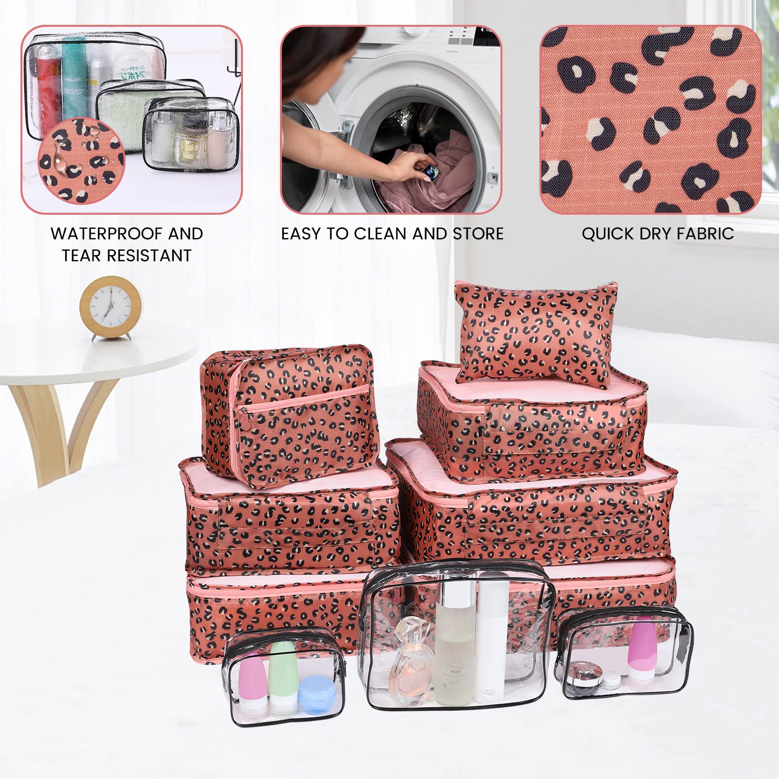 Enloffi Organizer Valigie 10 Pezzi Set Sistema di Cubo di Viaggio Impermeabili Viaggio Accessori Utili per Vestiti Scarpe Biancheria Intima Cosmetici Set di Valigie Portaoggetti, Motivo Leopardato