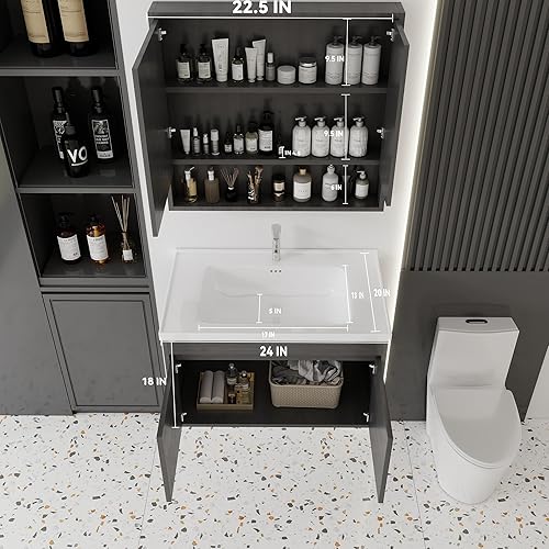 Miniatura 216 de Tocador de baño de 20 pulgadas con lavabo de cerámica, tocador de baño pequeño montado en la pared con puerta de cierre suave, gabinete flotante