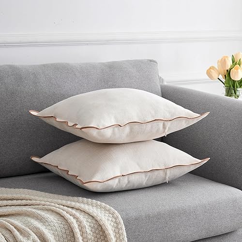 Miniatura 3 de Juego de 2 fundas de almohada festoneadas de 18 x 18 pulgadas, algodón y lino, estilo bohemio decorativo para sala de estar (almohada beige y borde