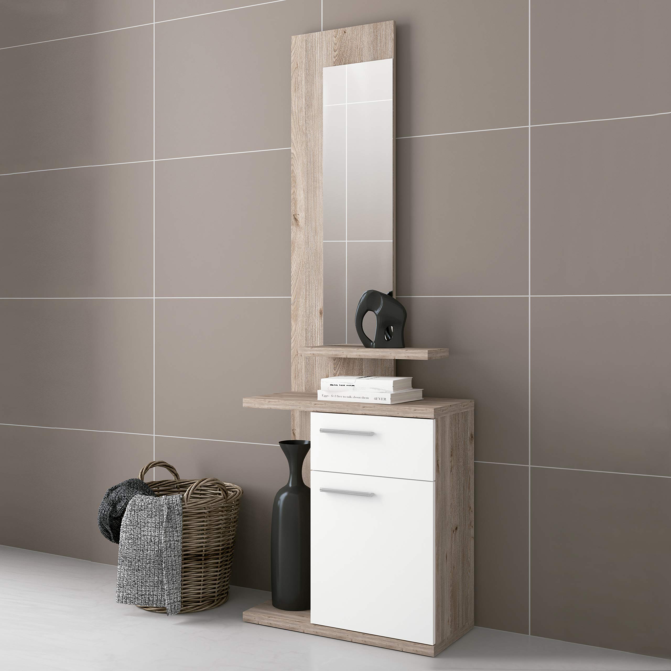 HomeSouth - Recibidor con un cajón y una Puerta, Mueble de Entrada con Espejo Acabado en Blanco y Nelson, Modelo Enter, Medidas: 60,5 x 68,5 x 27,8 cm de Fondo
