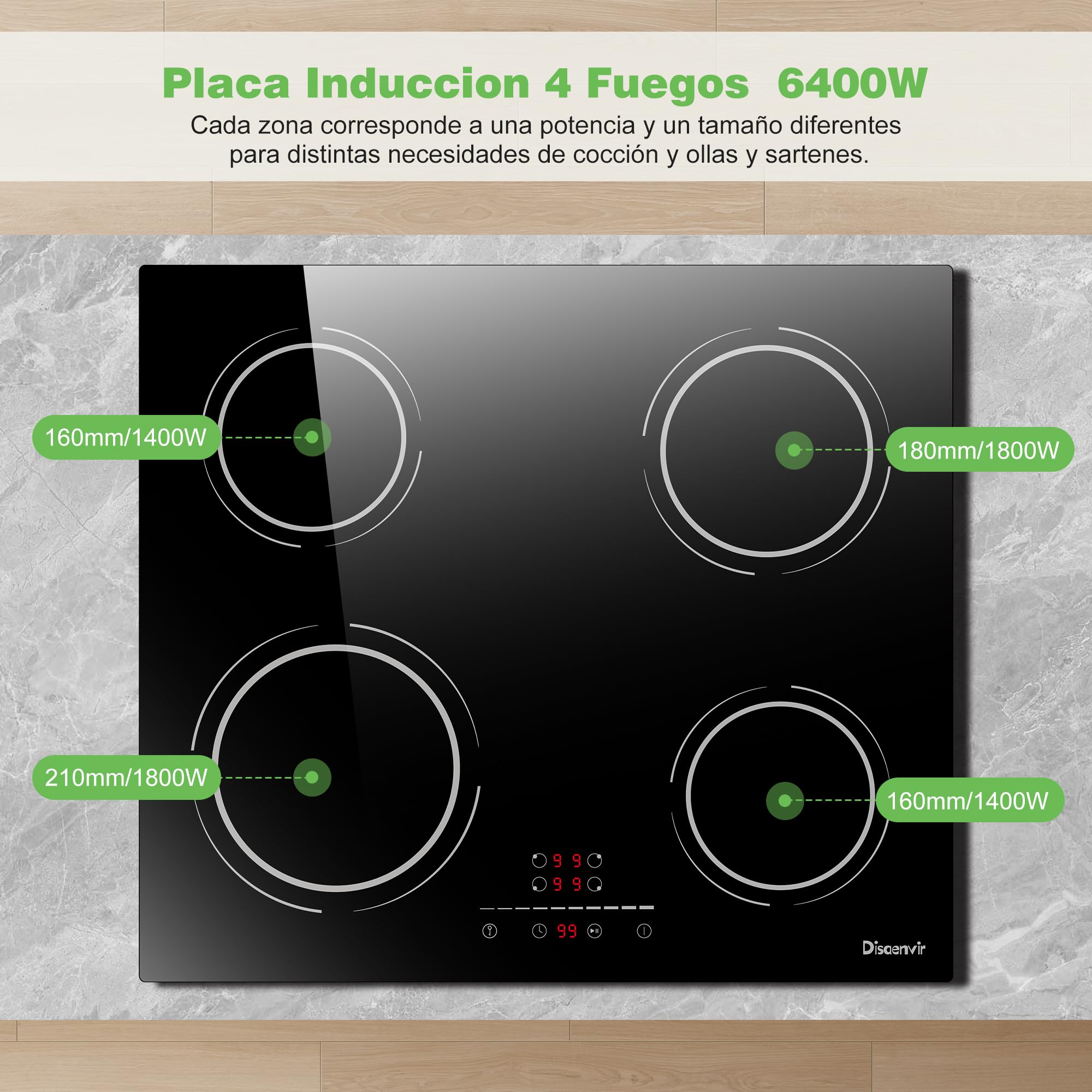 Placa Induccion 4 Fuegos 6400W, Placa de Inducción Integrada 4 Placas, Vitroceramica Induccion 56×49cm, Función de Pausa, 9 Nivels, Control táctil, con Temporizador, Cerradura Infantil | Booster, temporizador, protección para niños, función de pausa, 9 ni