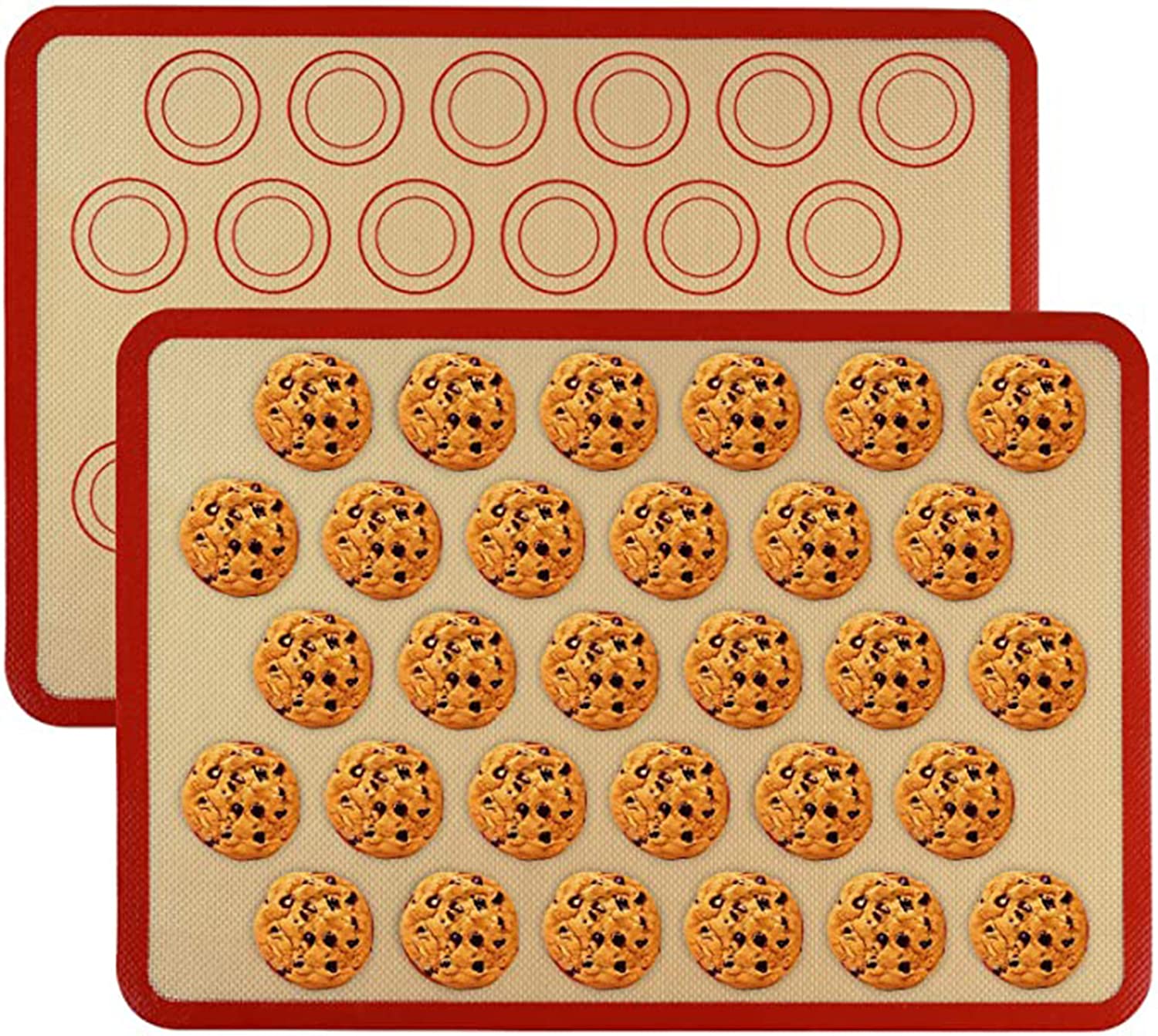 DELFINO Silicone Baking Mats 2 Pack, Non Stick and Reusable Oven Silicon Baking Sheet Mat, Heat-Resistant Cooking Bakeware Mat for Making Macarons, Pastry, Pizza, Bread (Red)