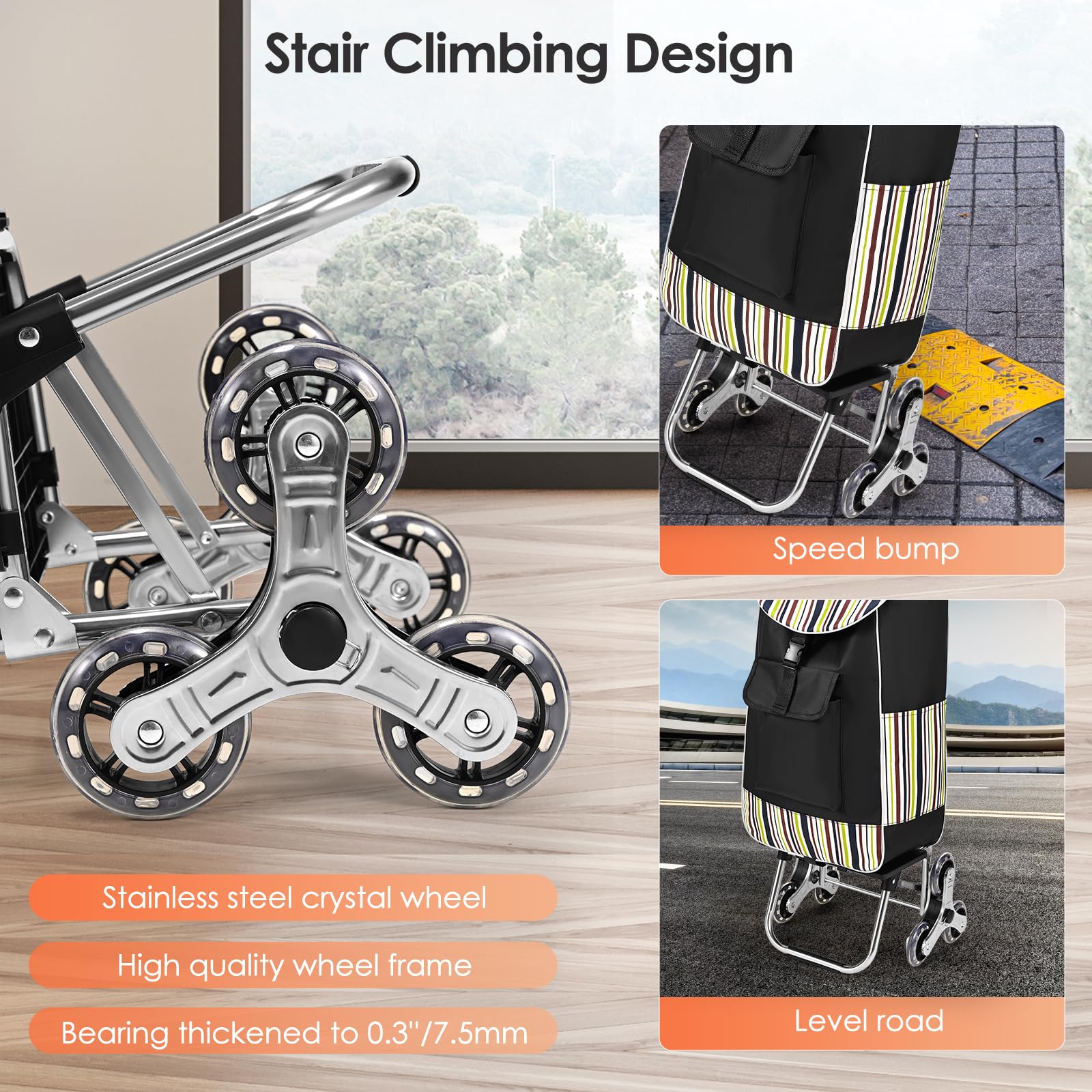 Carrello Spesa 3 Ruote Scale, Carrello Portaspesa Pieghevole, 32L, Capacità di Carico 30kg, Borsa di Stoccaggio Rimovibile, Ruote in Acciaio inox, per Salire le Scale