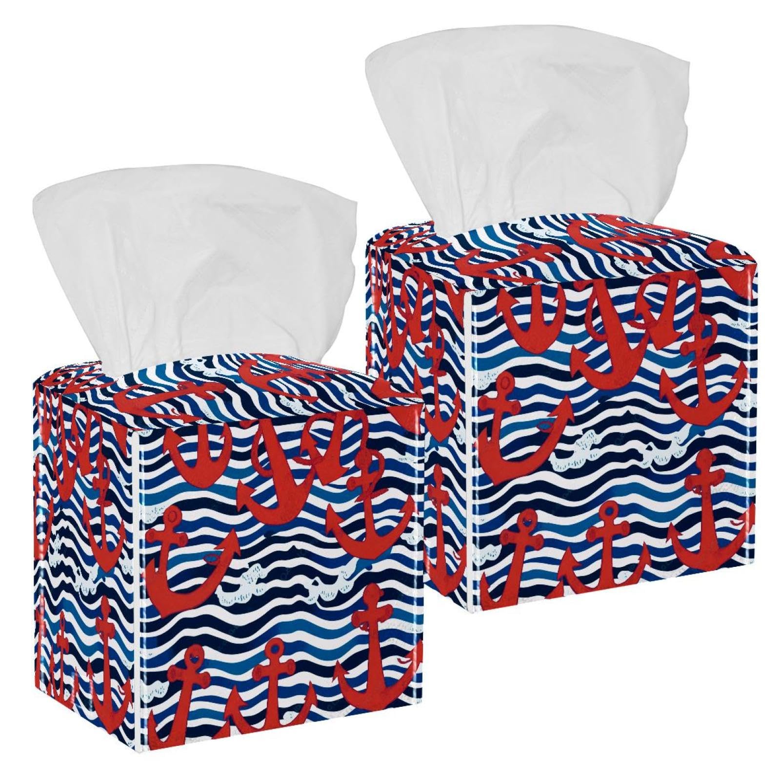 Waves and Anchor Tissue Box Cover, 2 Pack PU Leather Square Facial Tissue Dispenser Box holder for Home Office Car