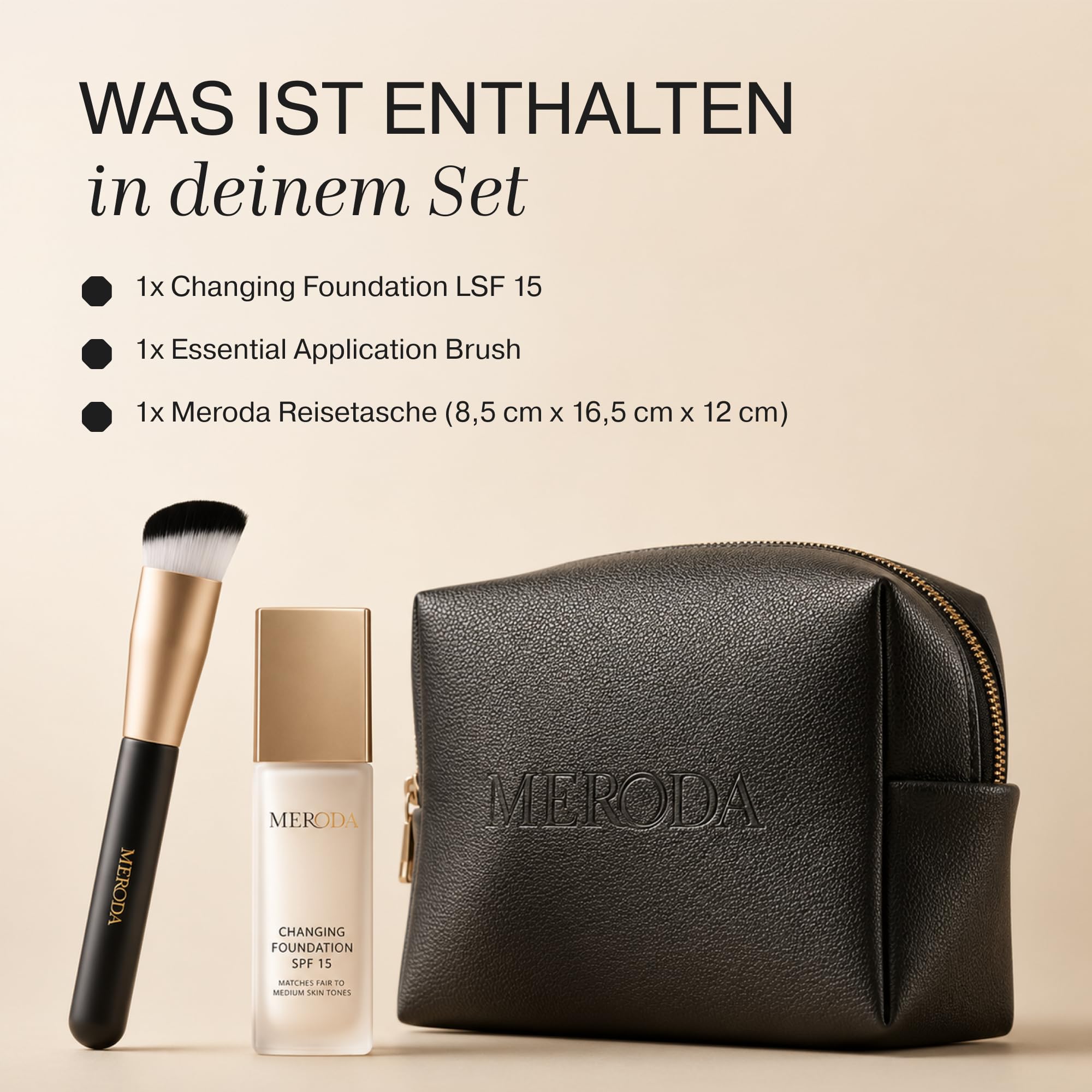 MERODA® Changing Foundation SPF 15 [LIGHT TO MEDIUM SKIN] - Essential Brush & Travel Bag Set