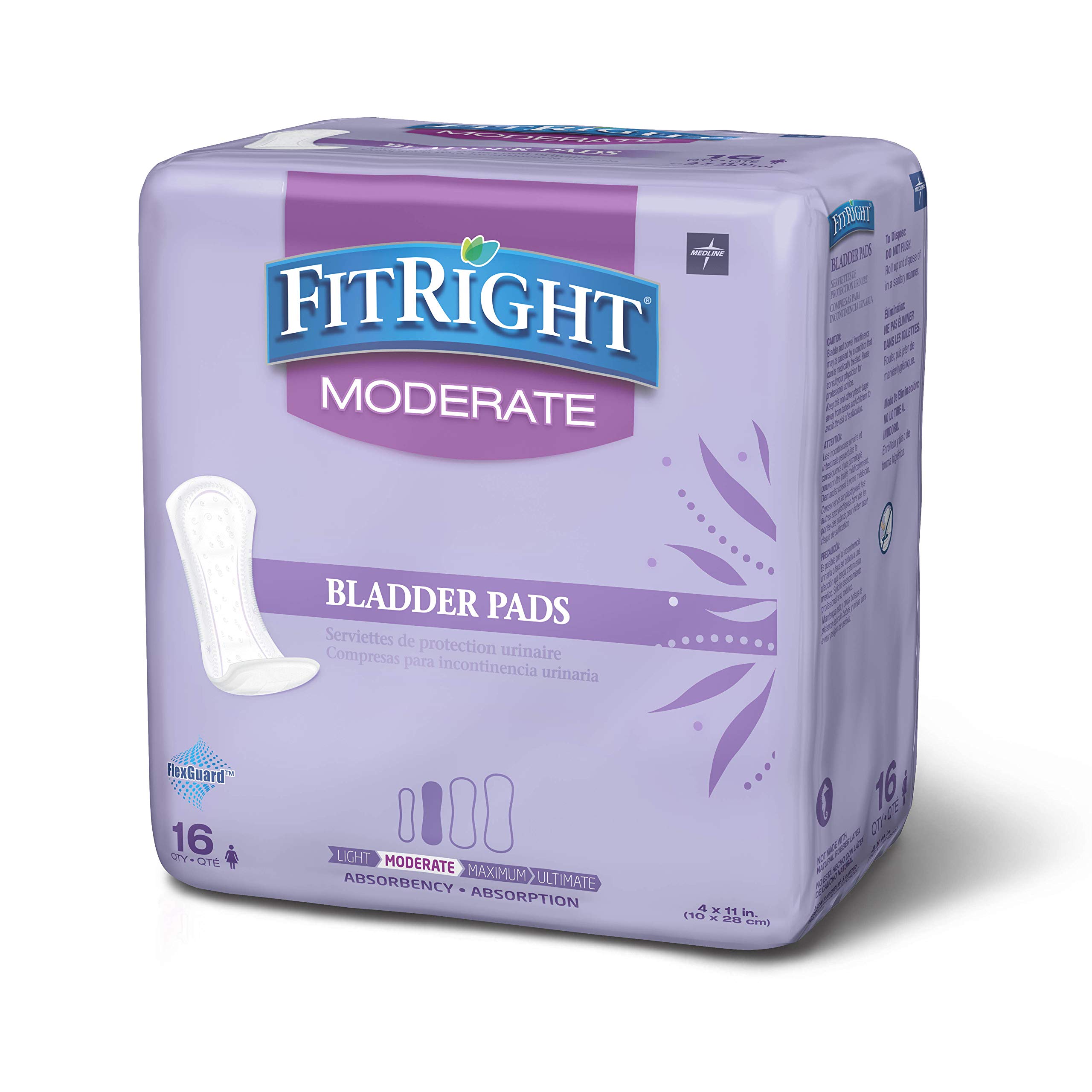 FitRight Incontinence Bladder Control Pads, Moderate Absorbency, 4.3" x 11", 16 Count