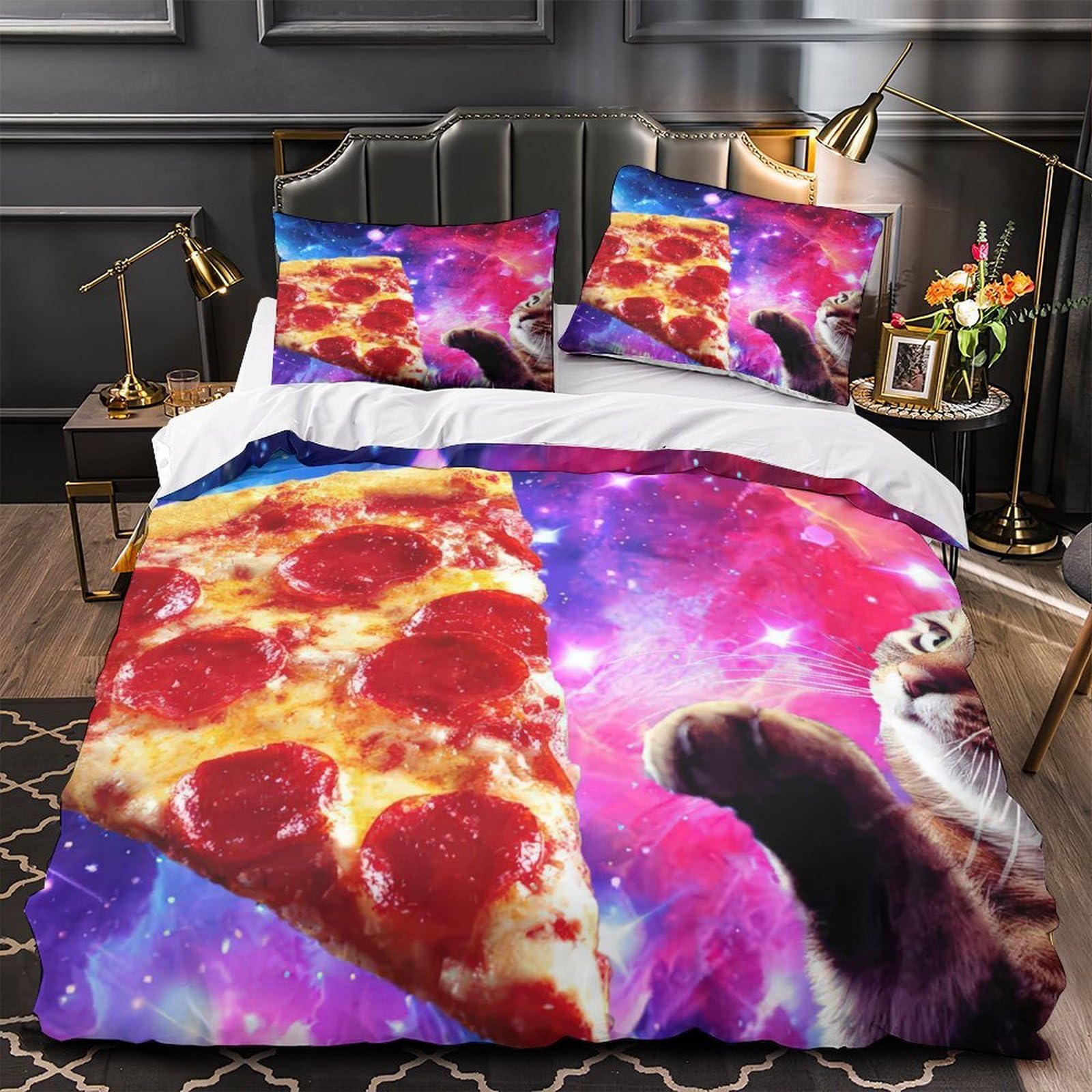 Pepperoni Pizza Bettbezug Mikrofaser 3 Stück Set 3D-Digitaldruck mit Reißverschluss Cosmic Food Kunst Stil Bettdeckenbezug Kuschelig mit Kopfkissenbezug for Fans König（220x240cm）