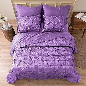 MR&HM Satin Comforter Twin XL 5 Pieces - Luxurious Pinch Pleat Bedding Set with Comforter, Flat Sheet, Fitted Sheet, Pillowcase & Sham, Super Silky Soft Bed Set for All Season (Twin XL, Lavender)