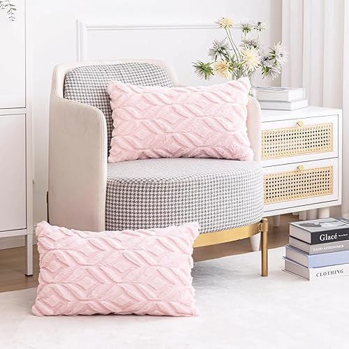Miniatura 3 de AQOTHES Juego de 2 fundas de almohada de piel sintética de color rosa suave de 12 x 20 pulgadas, almohadas lumbares decorativas bohemias para sofá,