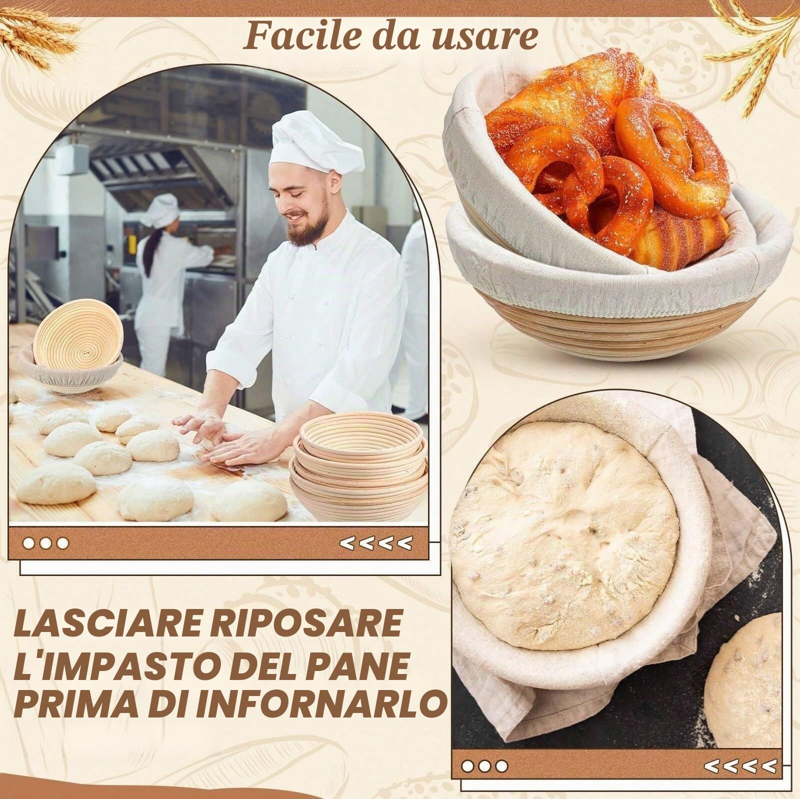 Set di 6 cestini per lievitazione Banneton, cestini per pasta, rotondi, cestini per lievitazione, realizzati a mano, cestini in rattan, artigianato, set per la preparazione del pane al lievito madre