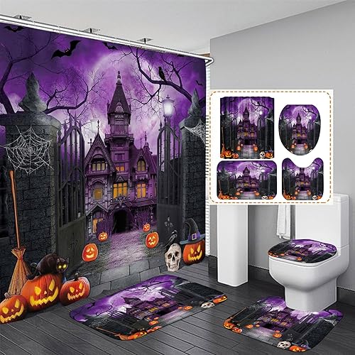 Miniatura 8 de Juego de 4 cortinas de ducha de Halloween con alfombra antideslizante, cubierta para tapa de inodoro y tapete de baño, cortina de ducha de calabaza