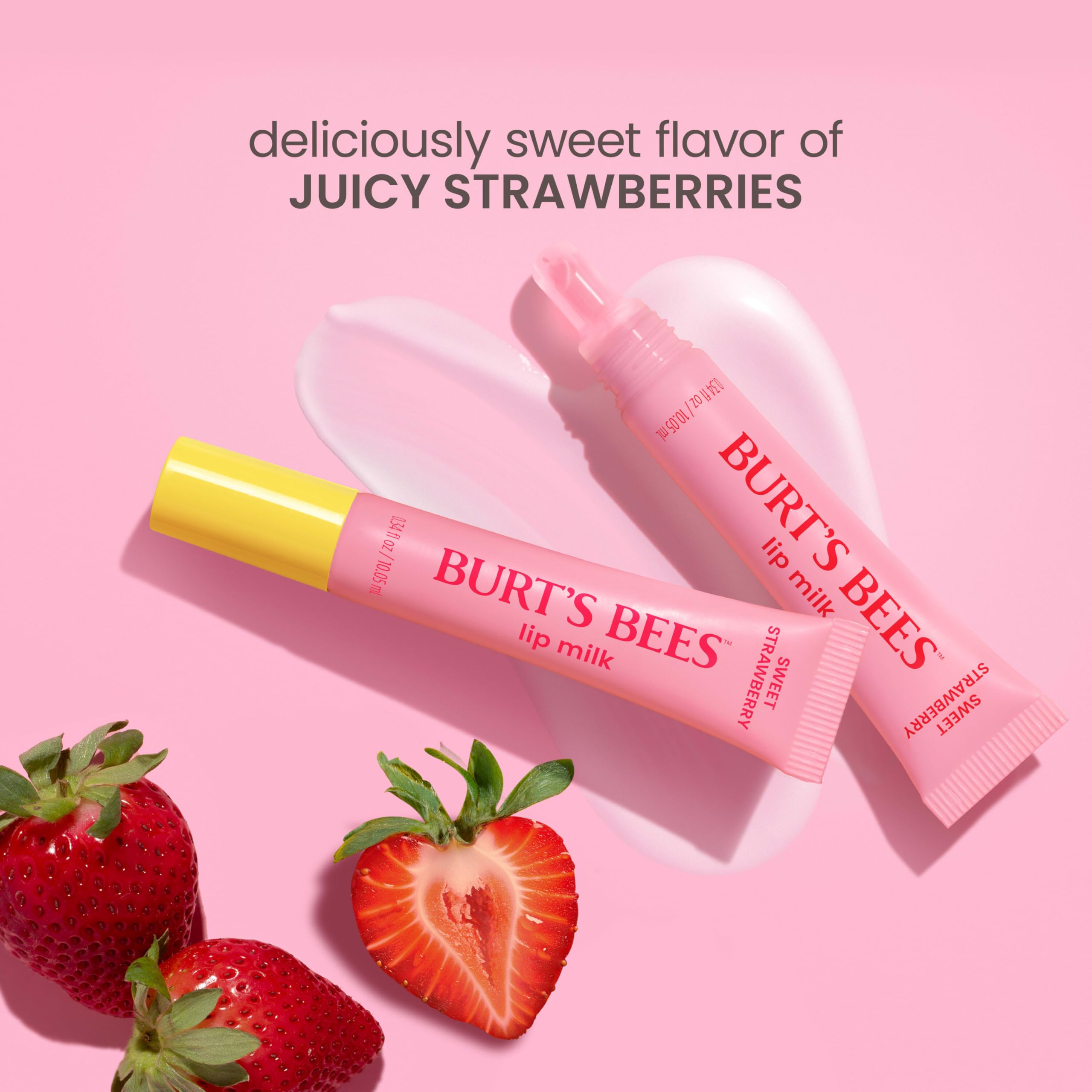 Burt’s Bees Lip Milk, Daily Lip Moisturizer, Sweet Strawberry, Vitamin Enriched Moisturizing Lip Balm with Almond Milk and Jojoba Oil, Hydrating for Softer Lips, 1 Tube, 0.34 Fl Oz