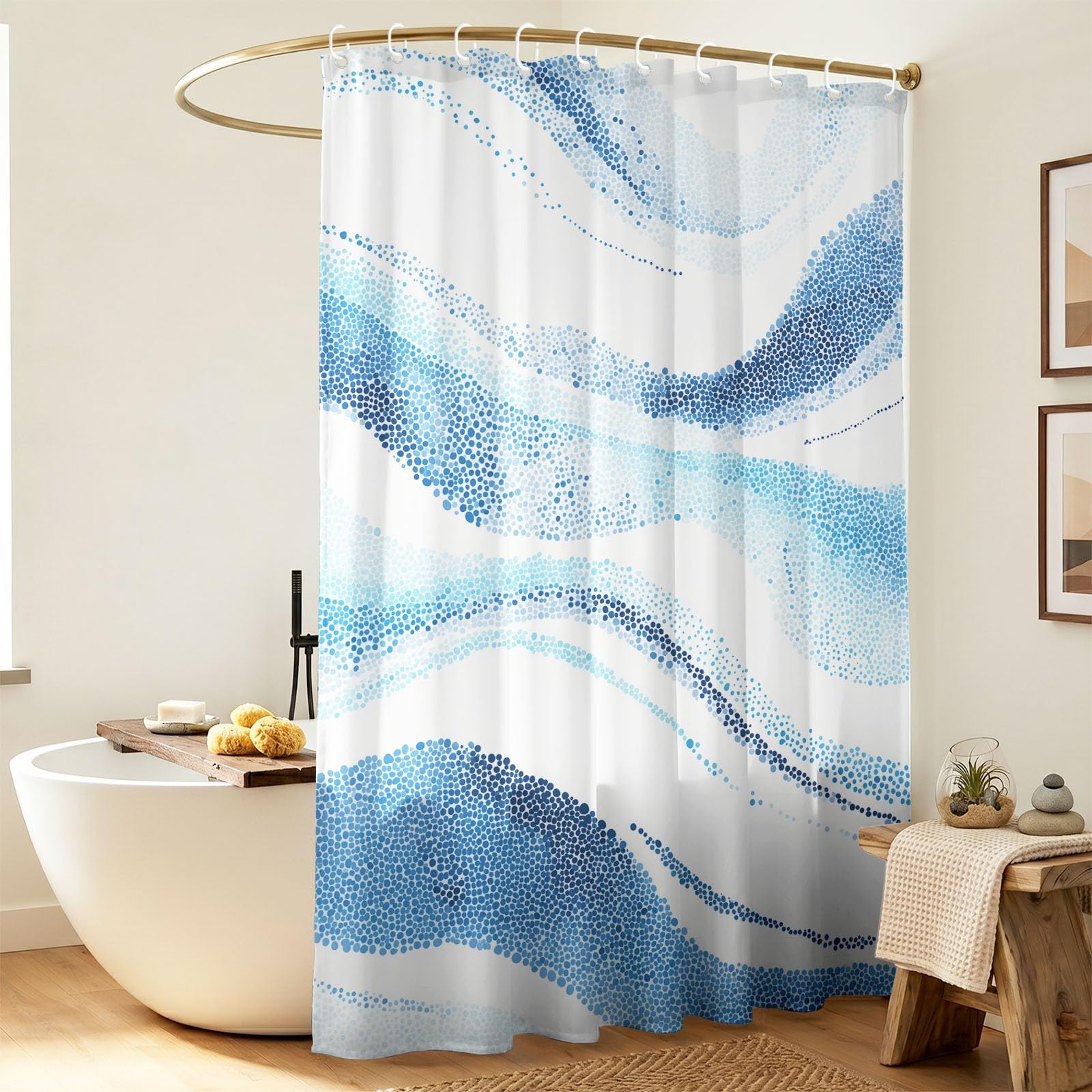 Rideau de Douche Moderne Minimaliste en Polyester imperméable et Lavable avec Crochets, 240 x 200 cm, Rideau de Salle de Bain Abstrait Frais Été Pois Fluide Vagues pour Salle de Bain