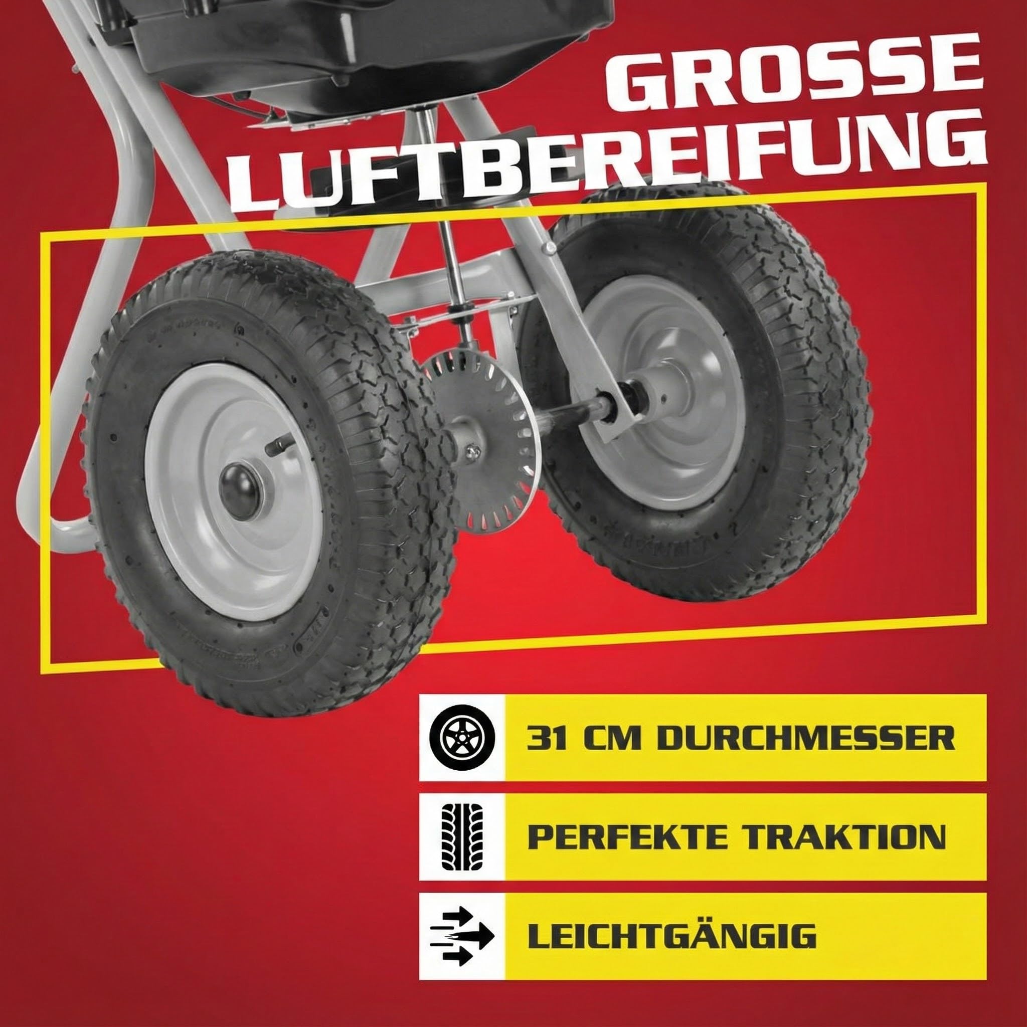 HECHT Streuwagen – Düngestreuer – flexible Streubreite – 29 Liter / 36 kg Streuer – Universal für den Winterdienst, als Aussaathilfe oder Düngerwagen für Rasen – Schleuderstreuwagen mit Luftreifen