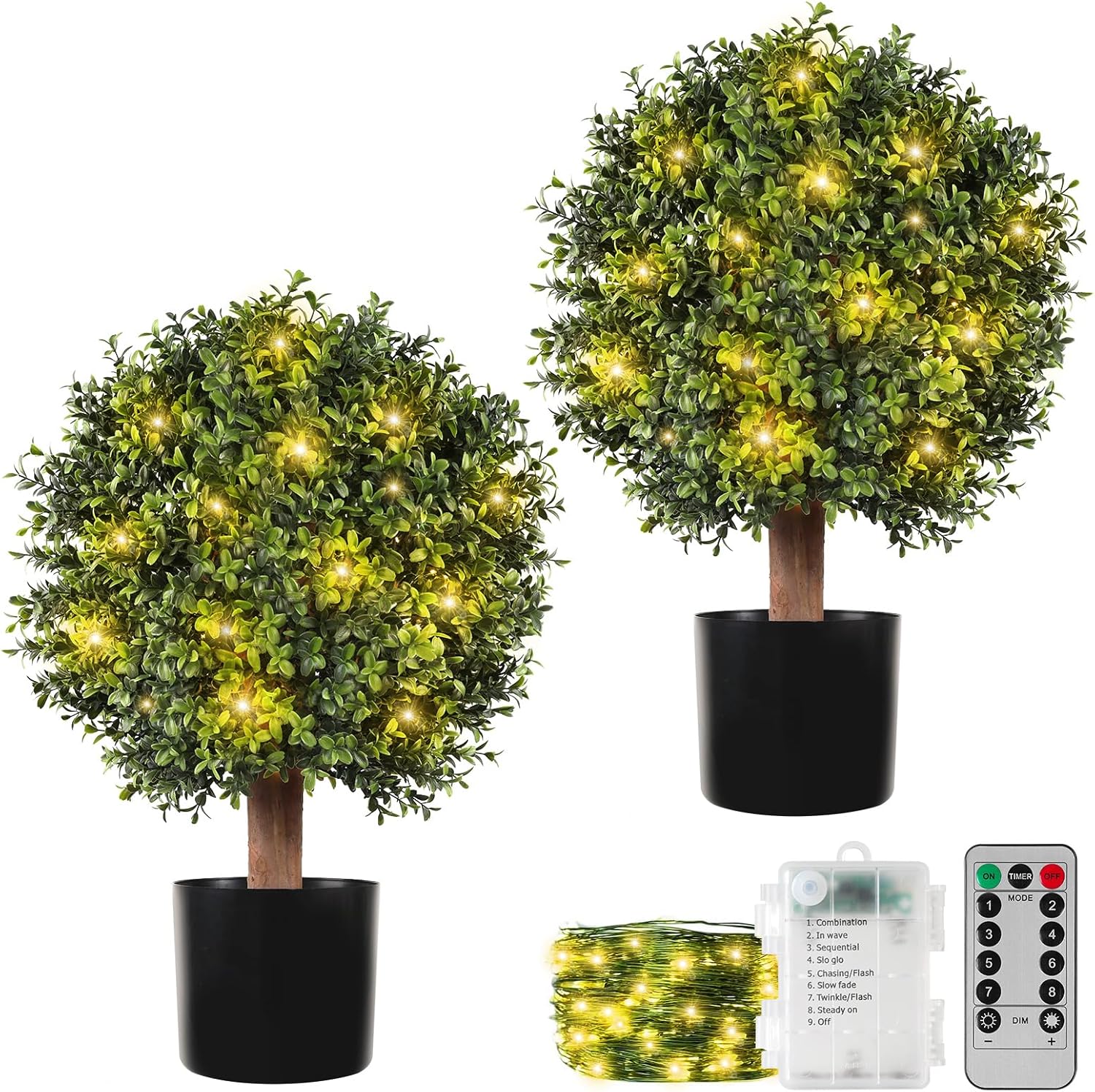 Artificial Boxwood Topiary Ball, 2ft UV Resistant Faux Plants Outdoor, 24" Tall Faux Topiary Trees with Waterproof String Light for Front Porch Greenery Decor