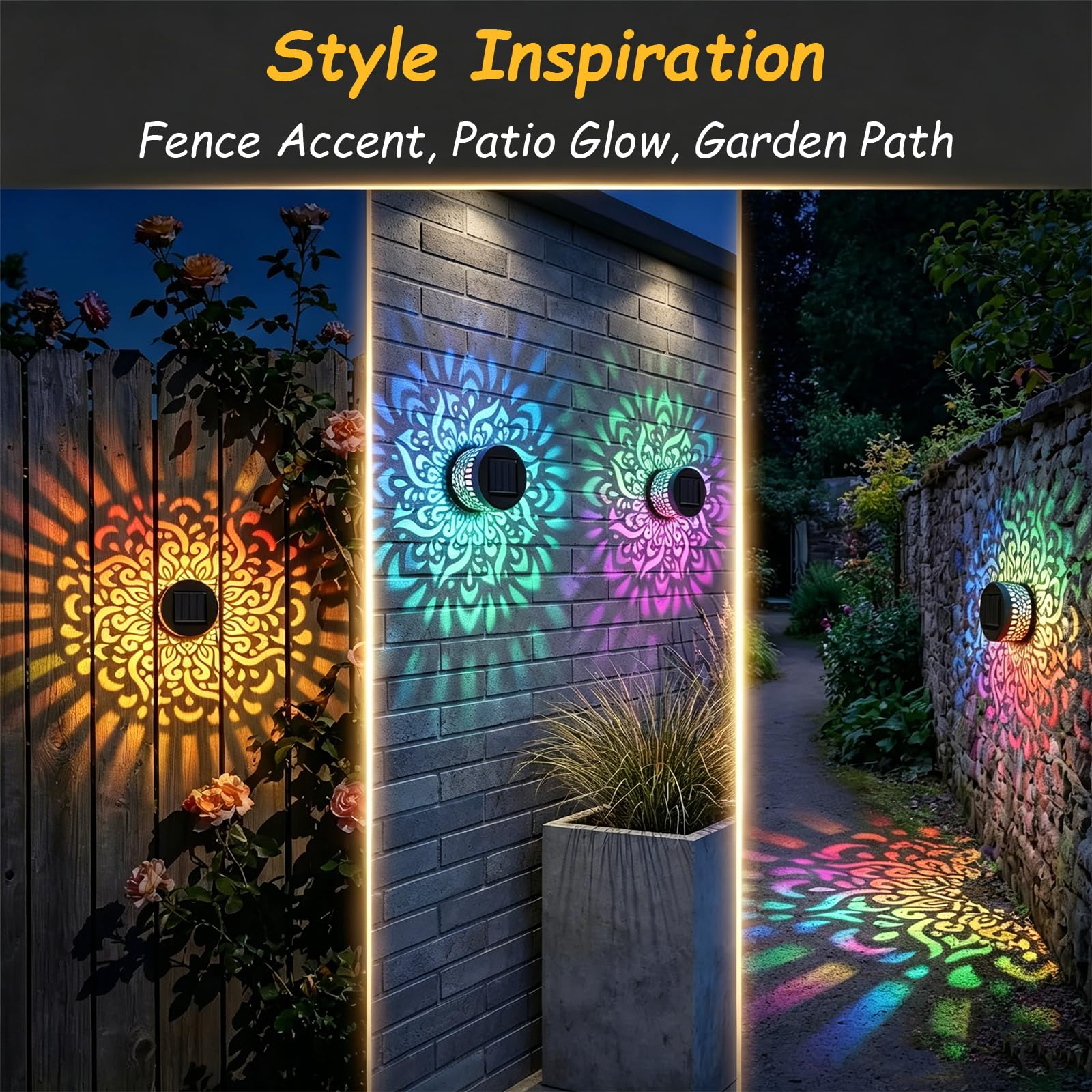 Solar Mandala Gartenleuchte Kabellos,Projektionslampe Mit Farbwechsel | Wasserdichte,Durchbrochene Eisenleuchte,Dekorative Beleuchtung FüR Gartenwege,Wandmontage,Stimmungsvolles Abendlicht