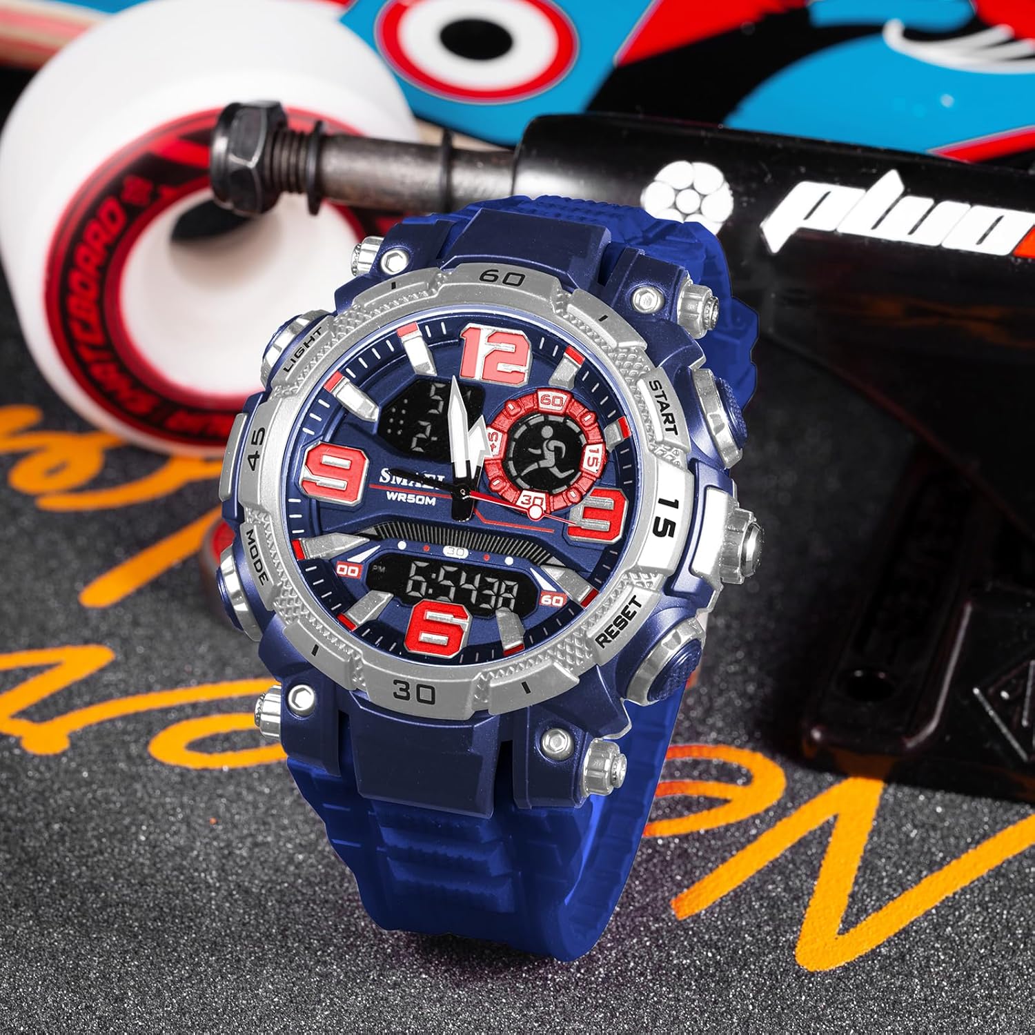 MASTOP Men's Digital Analog Sports Watch Waterproof 50M Military Style Dual Display with Alarm Stopwatch Backlight Date & Week Display Outdoor TPU Band Wristwatch - Image 3