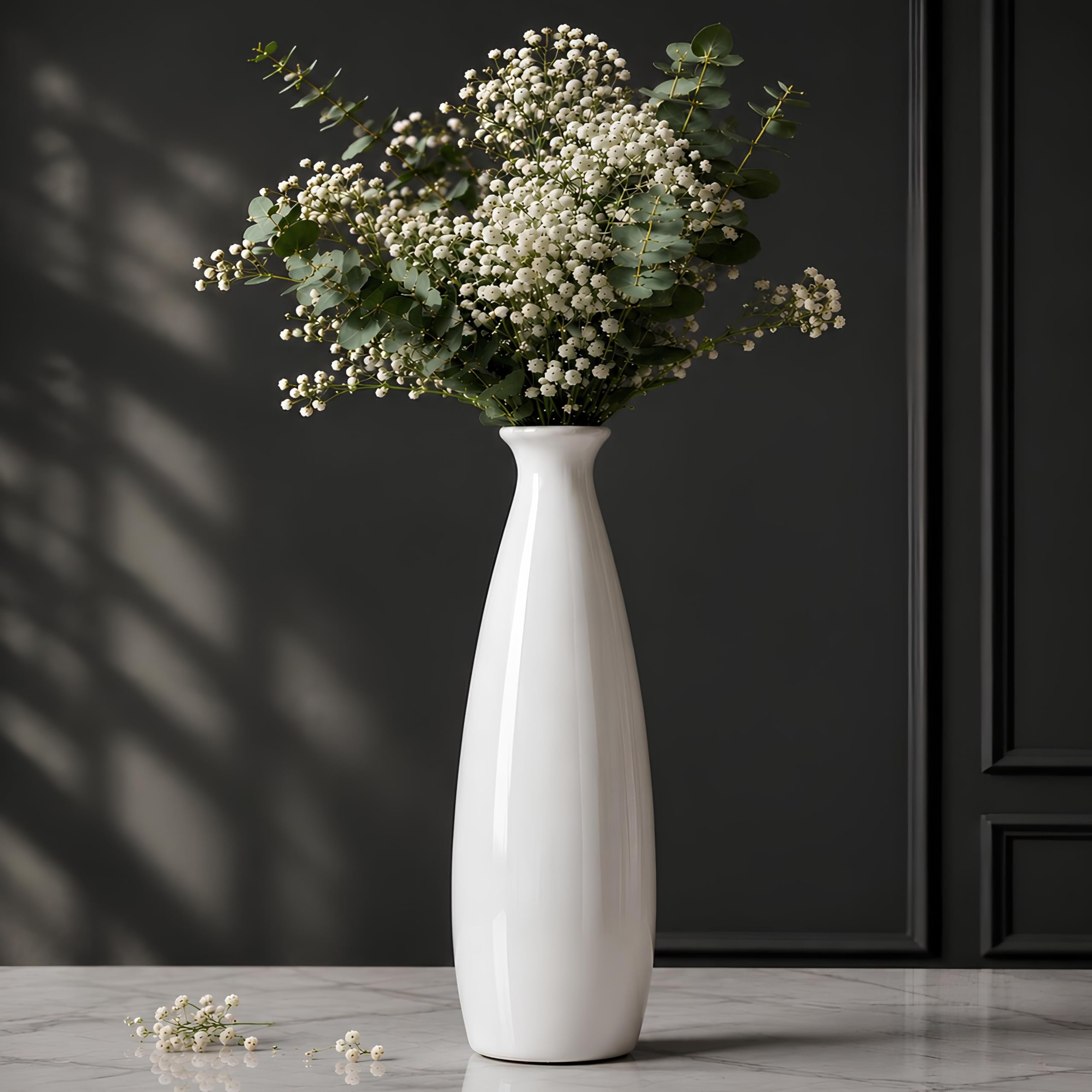 PulGos White Ceramic Flower Vase – Stylish Bottle Shape Design, Ideal for Office and Living Room Centerpieces, Elegant Pot for Modern Home Decor, Perfect for Any Table, Sleek and Modern Flower Vase