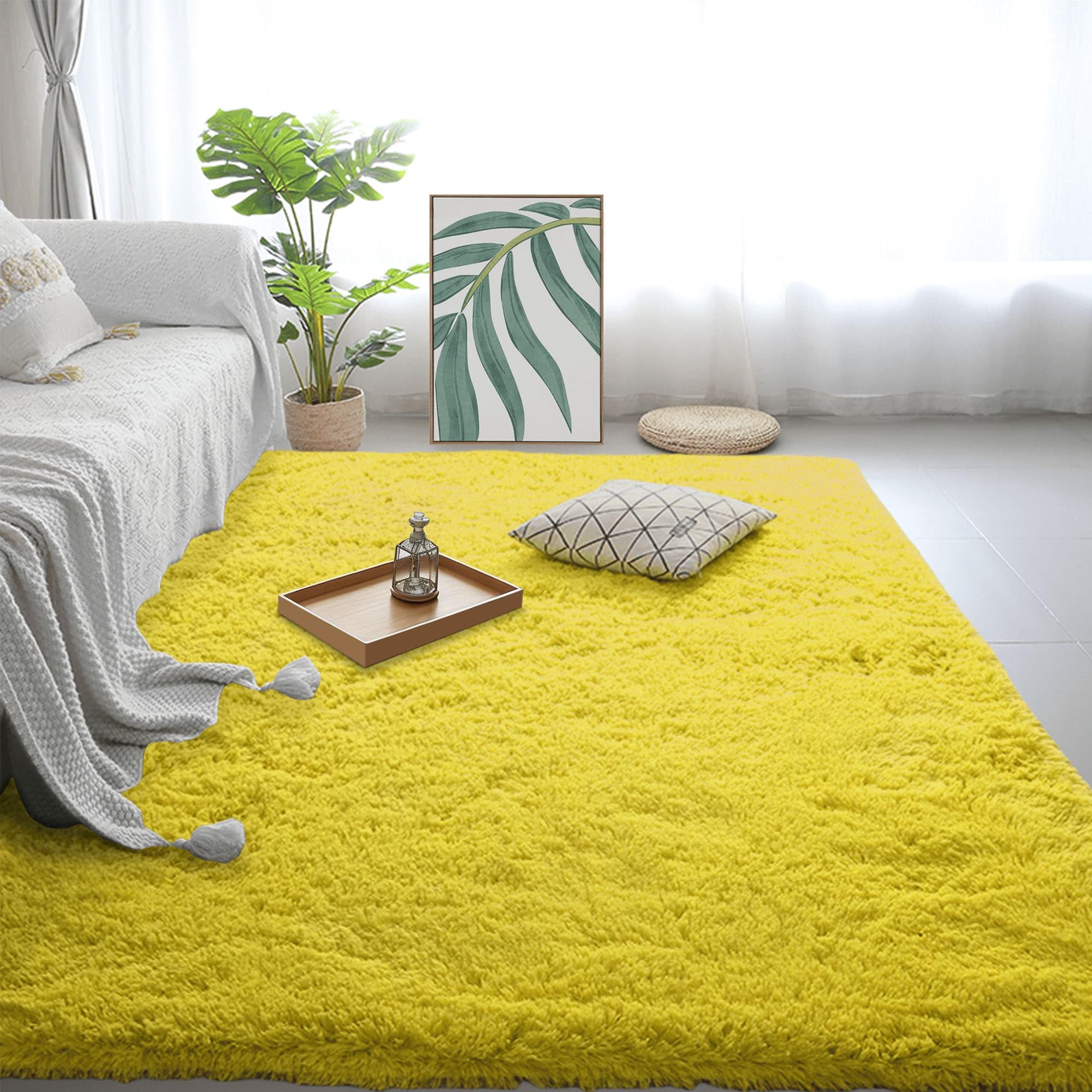 Grand tapis de salon jaune 110x420 cm shaggy et lavable pour pépinière et dortoir