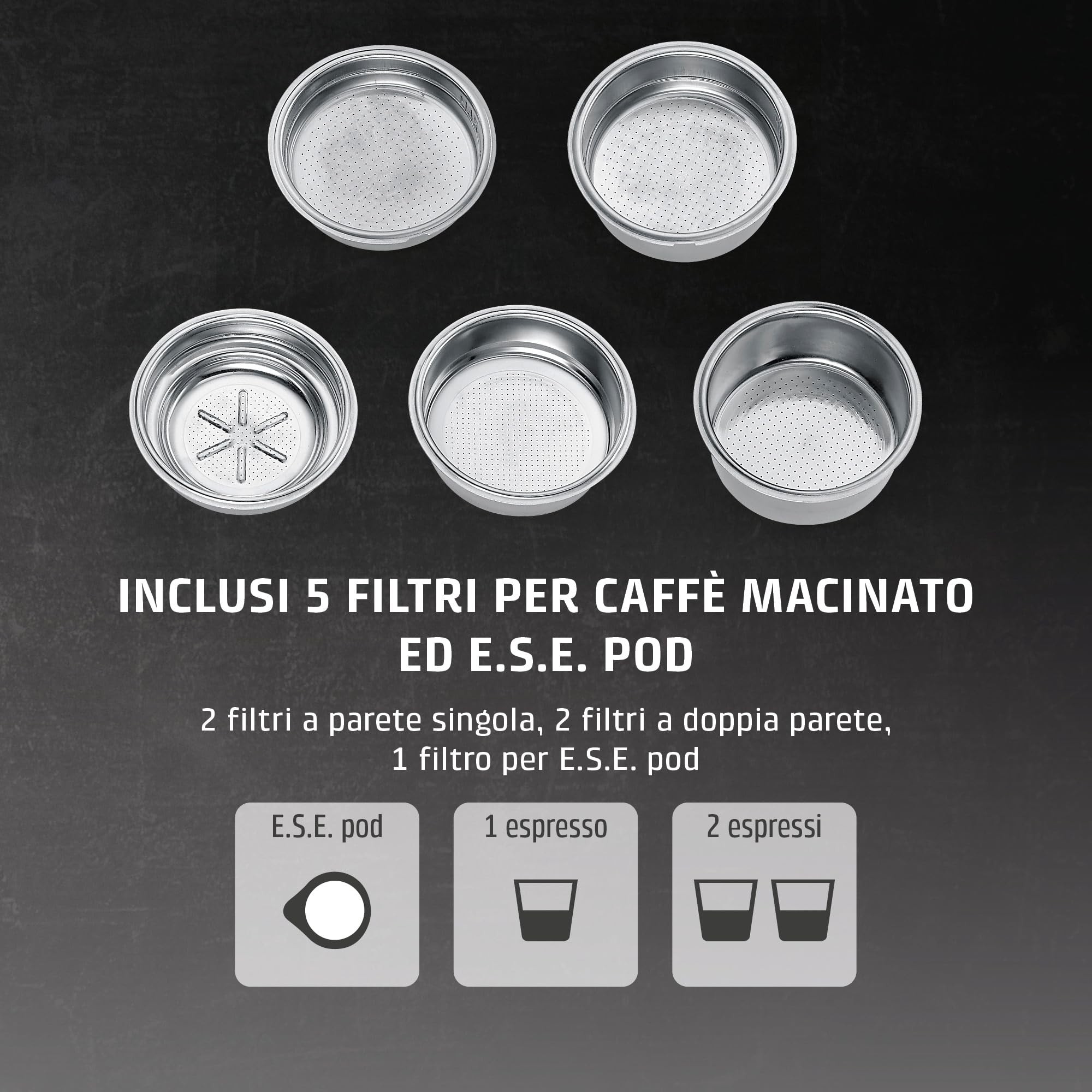 CASO Espresso Gourmet Crema - Macchina per il trasporto del colino con montalatte, espresso, cappuccino, portafiltro in acciaio inox, pompa ULKA, macchina da caffè in polvere, ESE Pads