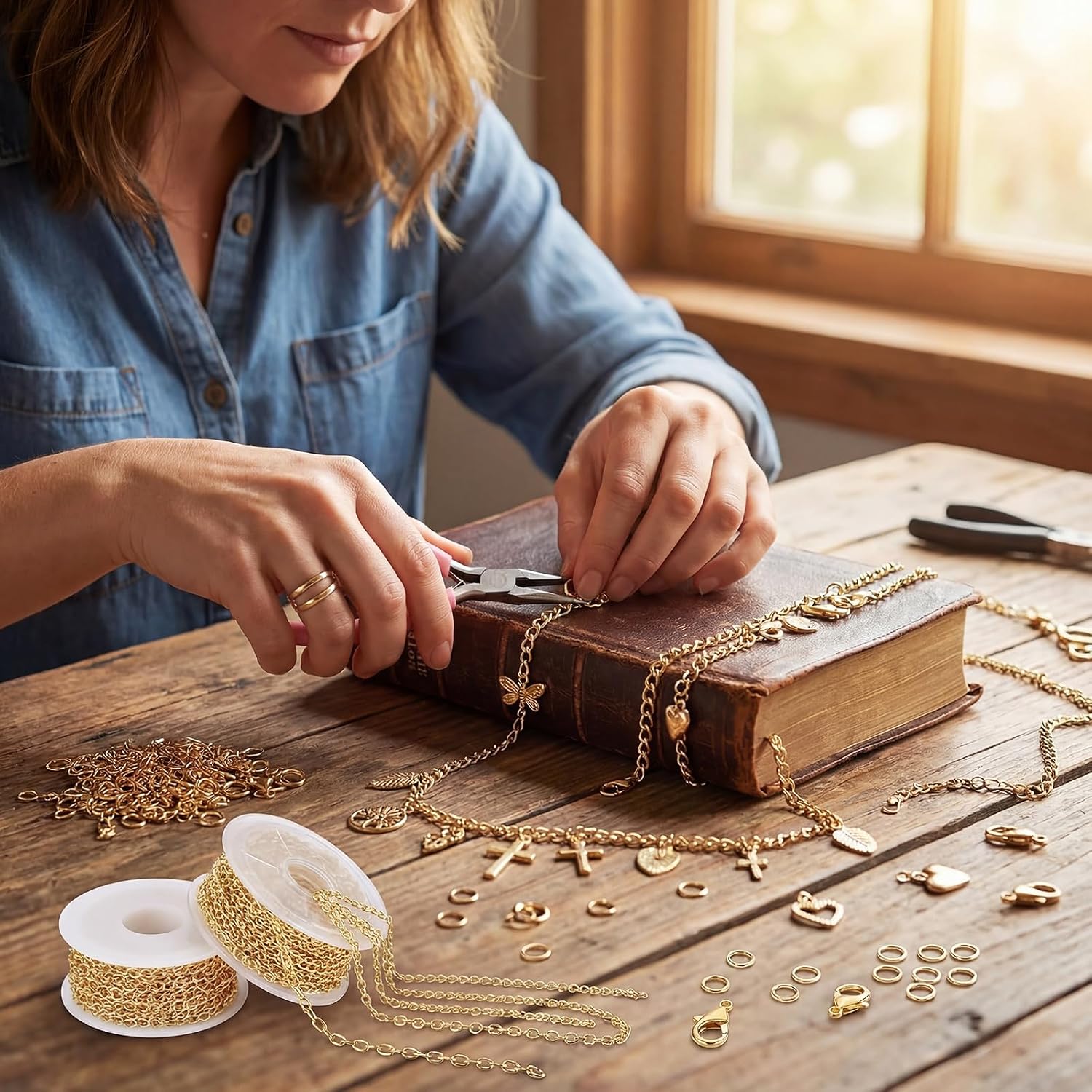 Sureio Bible Chain Jewelry Making Kit 16.4ft 5 Rolls DIY Gold Plated Chain Crafts with 90 Pcs Charms for DIY Necklace Bracelet Jewelry Accessory Christian Bible Spine Edge Decor(Cross,Gold)