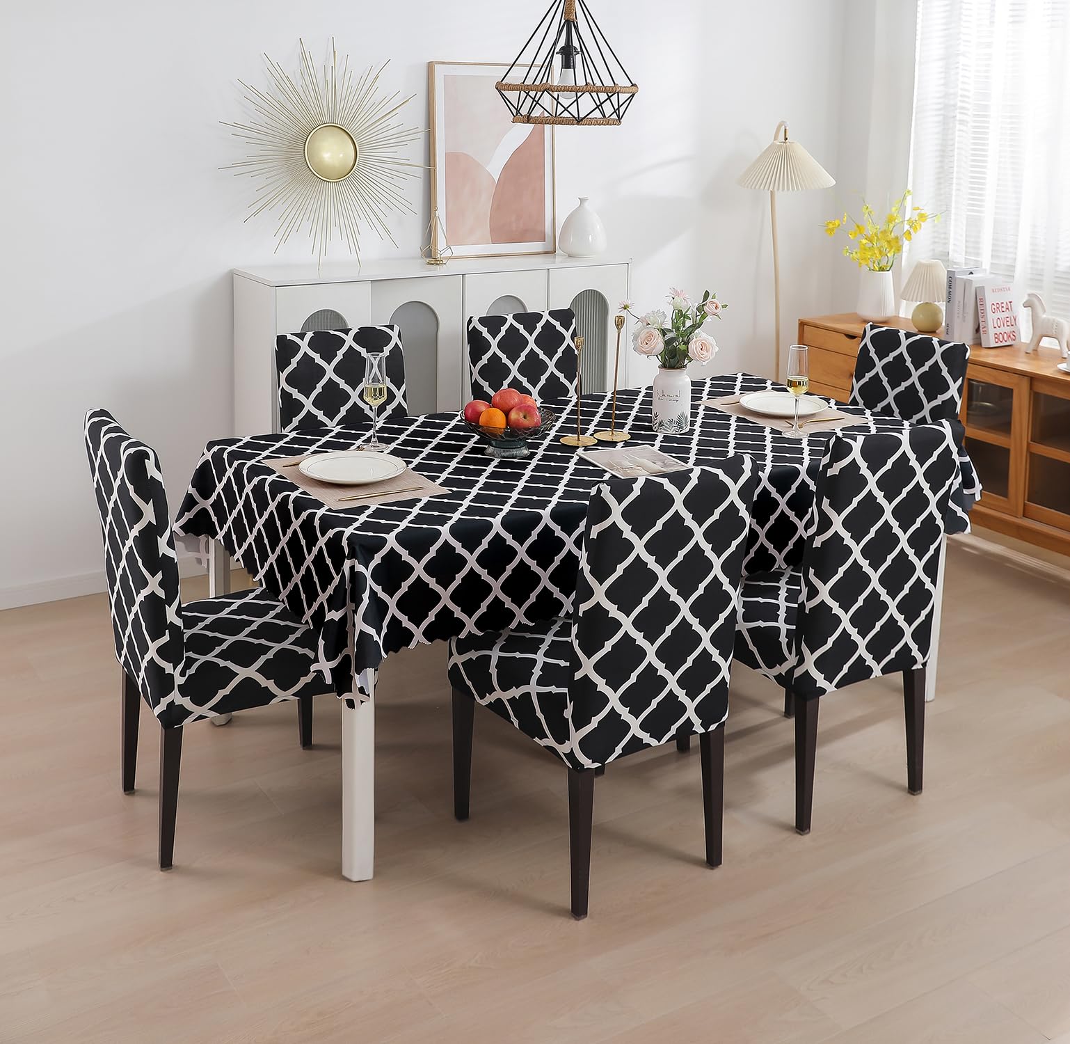 House of Quirk Polyvinyl Chloride (PVC) Dining Chair Cover With Rectangular Table Covers For Kitchen Waterproof Dining Table Cloth (Black Diamond, 1 Table Cover + 6 Chair Cover)