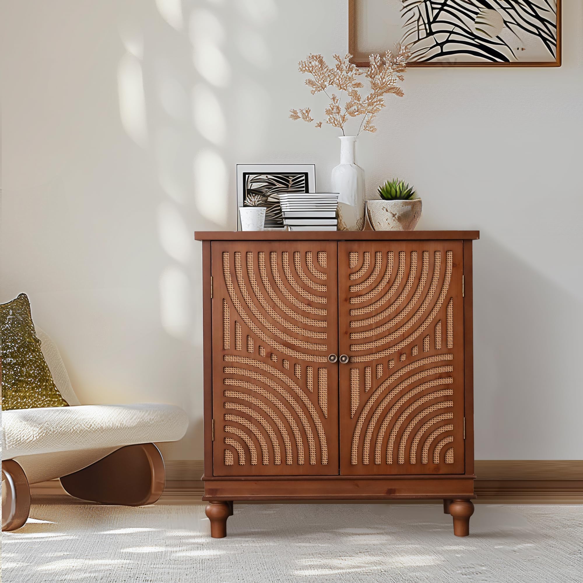 Sophia & William Rattan 2-Door Sideboard Buffet Storage Cabinet, Accent Cabinet with 2 Rattan Doors, Brown, 31.5''W x 15.2''D x 34.4''H