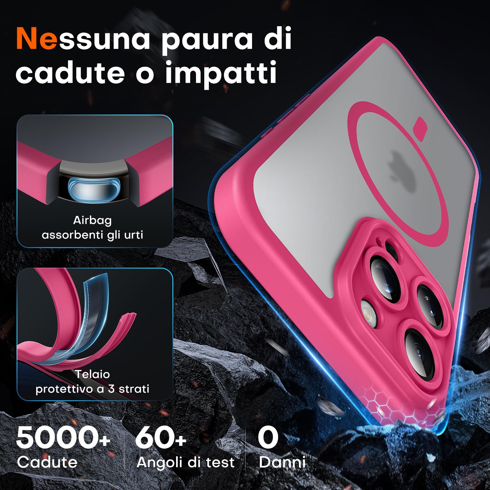 TOCOL Cover Magnetica per iPhone 16 Pro Max 6,9 Pollic, Compatibile con MagSafe, Protezione Fotocamera Integrata, Custodia Antiurto Traslucida Opaca, Rosa Caldo