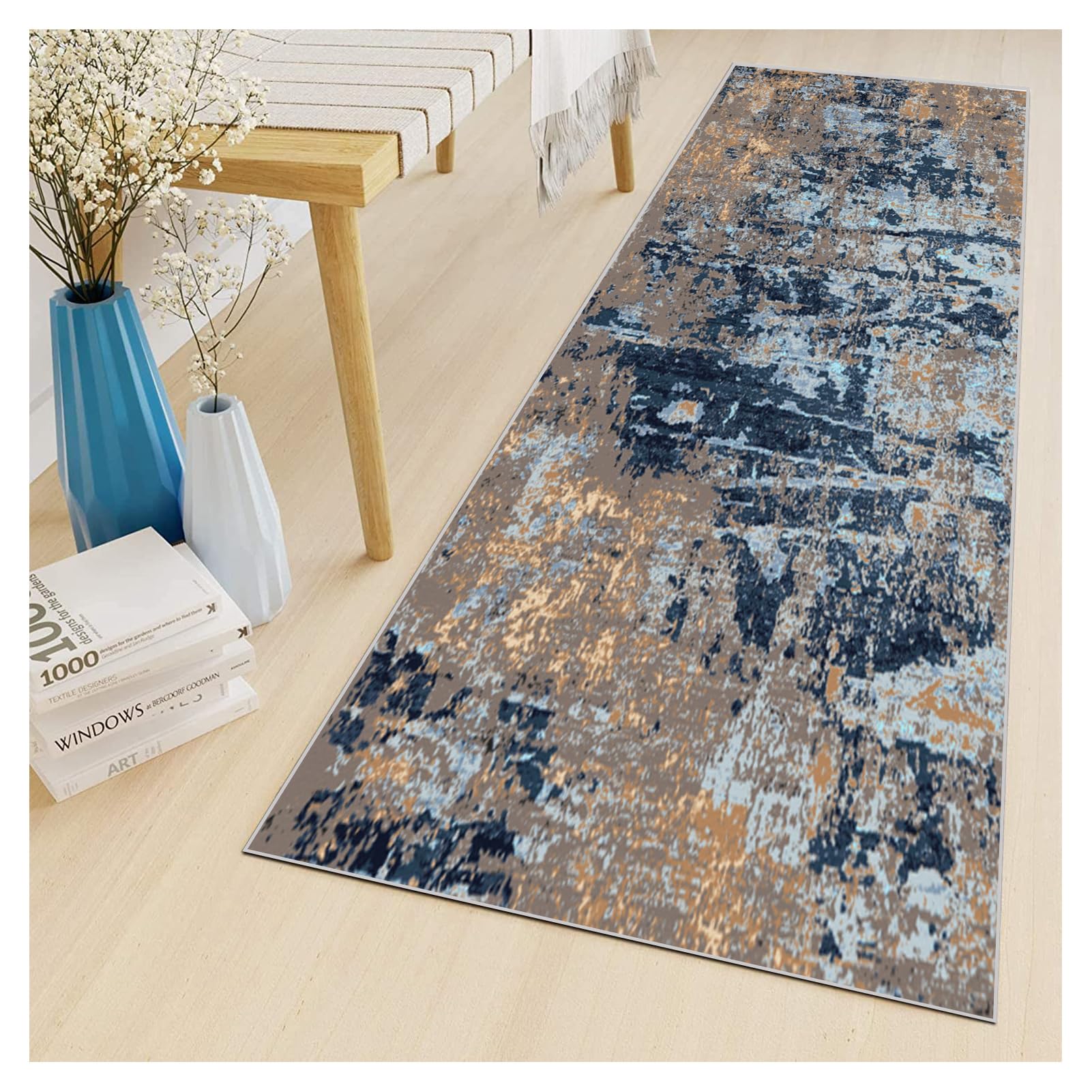 Tapis Couloir Brun/Noir Long 90x200cm - Tapis Cuisine Lavable Antidérapant Absorbant - Tapis de Passage Style Moderne Motifs Abstraits pour Salon, Chambre, Devant Évier, Bureau, Entrée