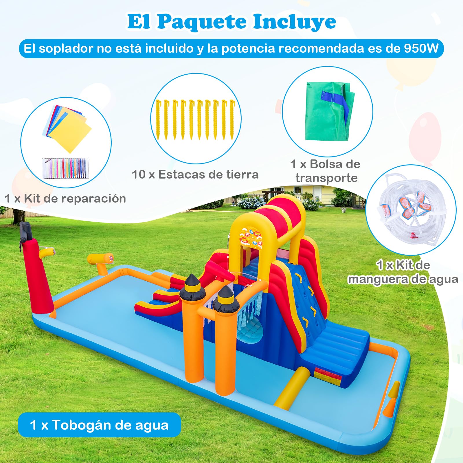 COSTWAY Castillo Hinchable Acuatico, 4 en 1 Castillo Hinchable para Niños 3-10 Años con 3 Niños, 693 x 295 x 263 cm, Seco y Agua, Insuflavel Crianças Interior Exterior