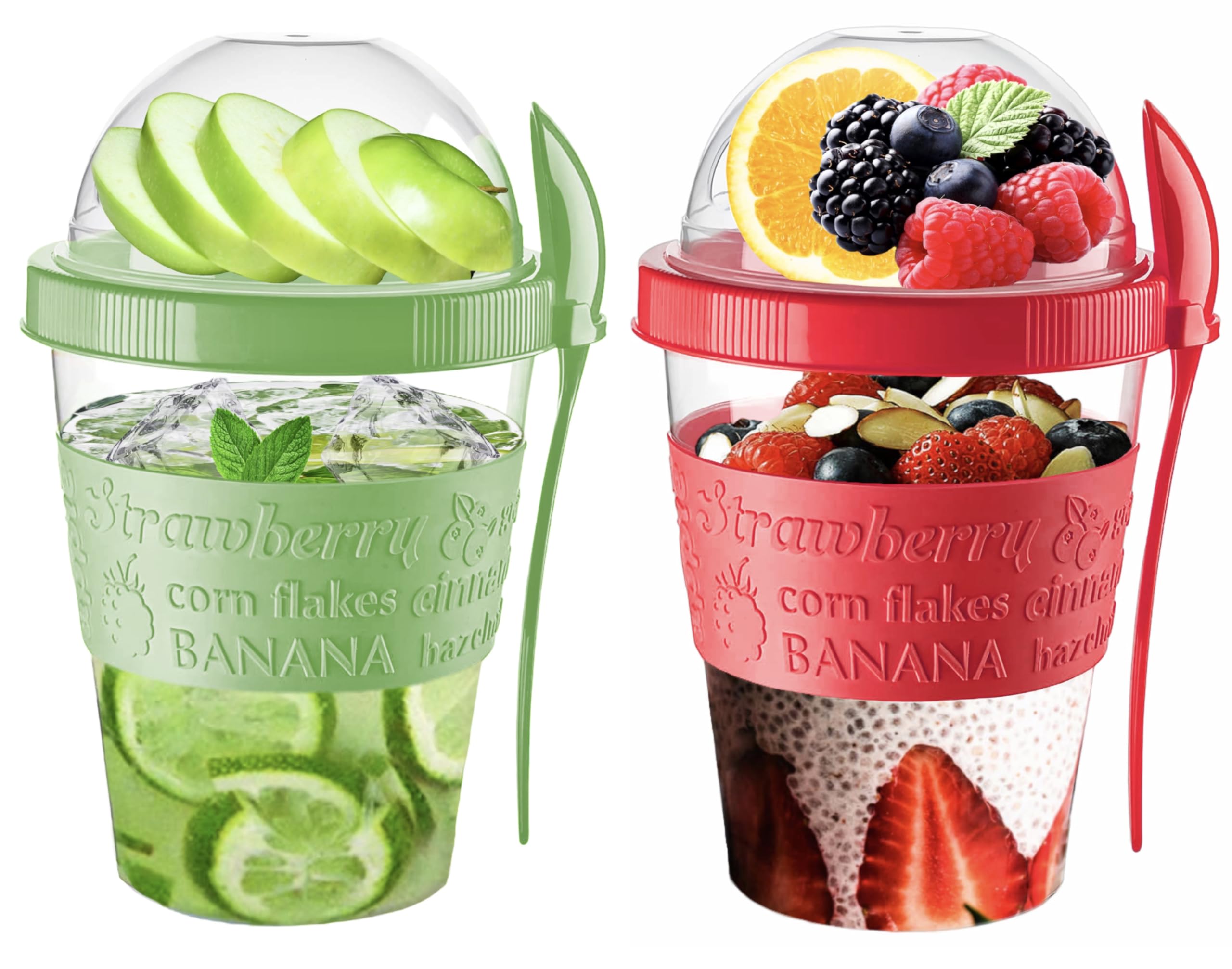 Vingardium Leviosa Red, Green Vl Yogurt Pots Spoon Reusable 600Ml Overnight Oats Muesli Cup With Lid Bpa Free Breakfast Cereal To Go Dishwasher Safe Snack Lunch Oatmeal Jars Travel Meal Food Container 20 Oz (Red,Green)